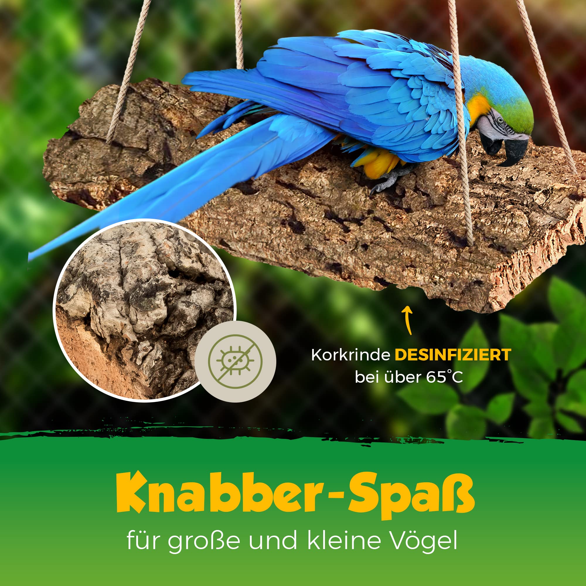 Kork-Schaukel XXL 50x20 cm für Vogel-Volieren. Schaukel aus Naturkork zum Anknabbern & Knuspern. | desinfiziert | Vogel Zubehör & Spielzeug aus Korkrinde (für Wellensittich, Papagei)
