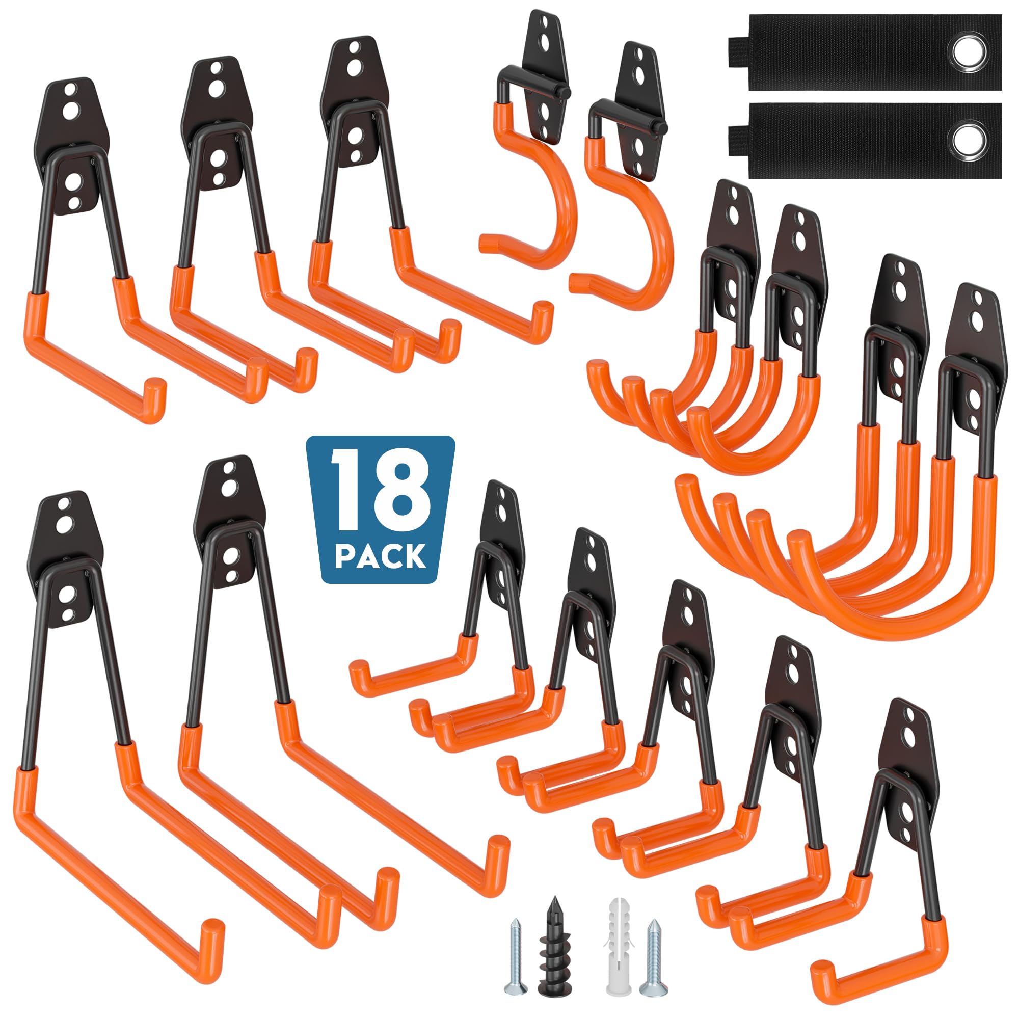 BONTEC 18 Stück Wandhaken Set, Stahl-Haken für Garage, Werkstatt, Fahrradhalterung, Gartengeräte, U/J/S Hakens, Orange mit Anti-Rutsch-Beschichtung, geeignet für Trockenbau & Ziegelwände
