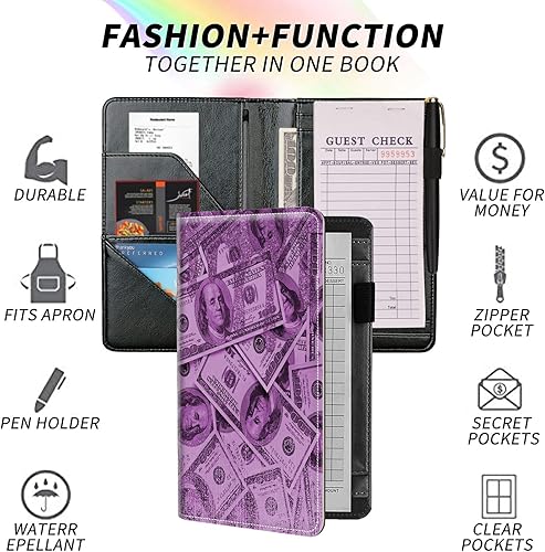 Miniatura 6 de Dikoer Libro de mesera color morado oscuro para camarera, lindo libro de camarera con bolsillo para dinero y cremallera, libro de cheques de