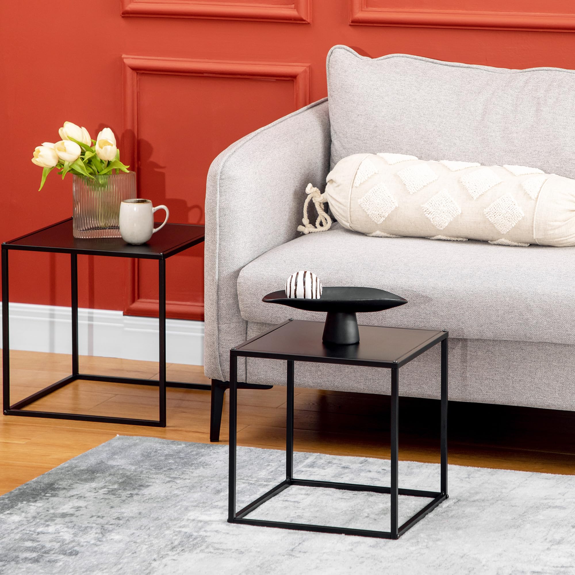 HOMCOM Couchtisch Quadratisch 2er Set, Satztisch Modern Wohnzimmertisch Stapelbar Kaffeetisch Beistelltisch für Wohnzimmer 40x40x40cm & 35x35x35cm, Schwarz