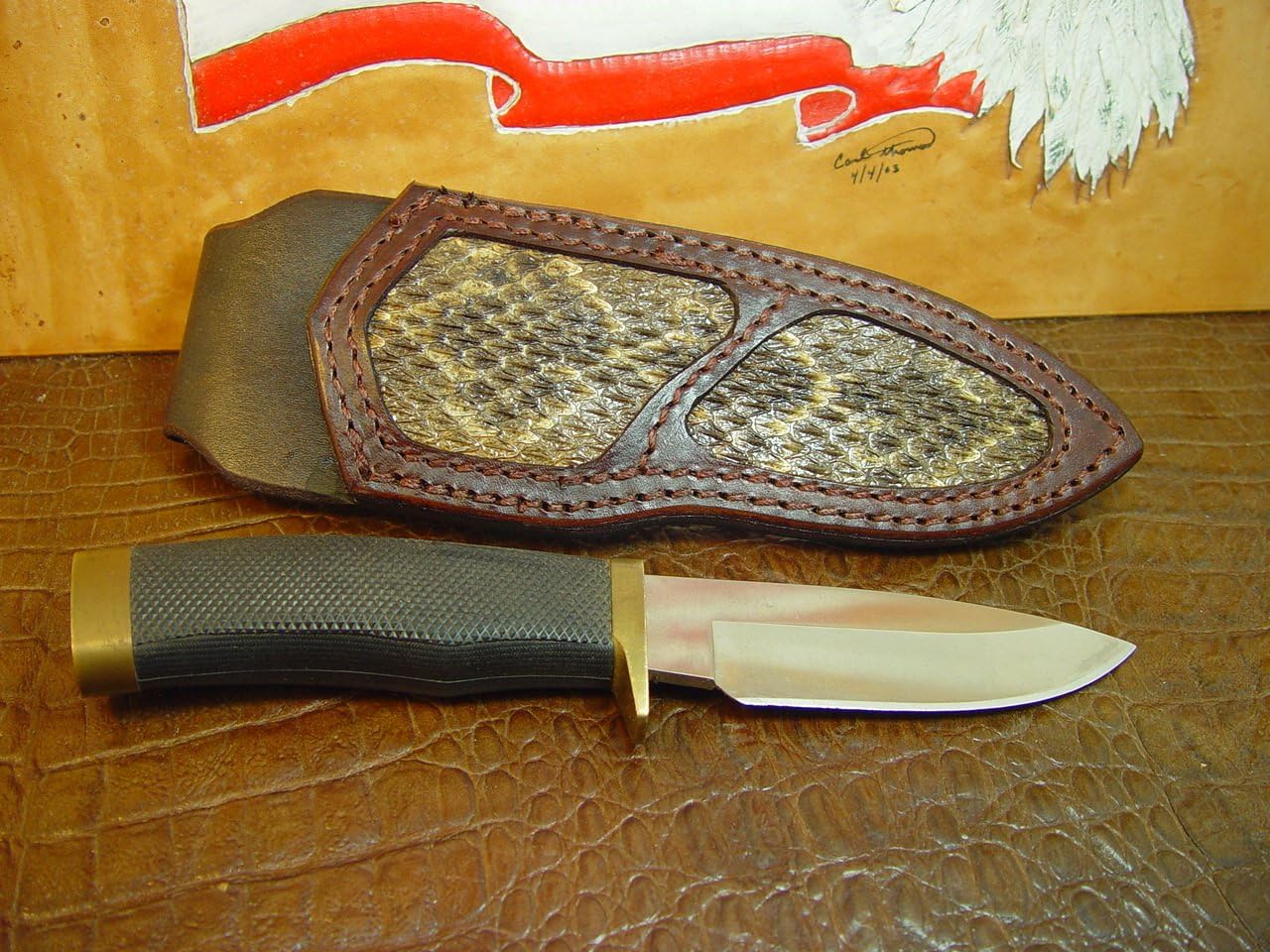 Knife Sheath That Is Made To Fit A Buck Vanguard Inlayed With Rattle Snake. Knife Sheath Only