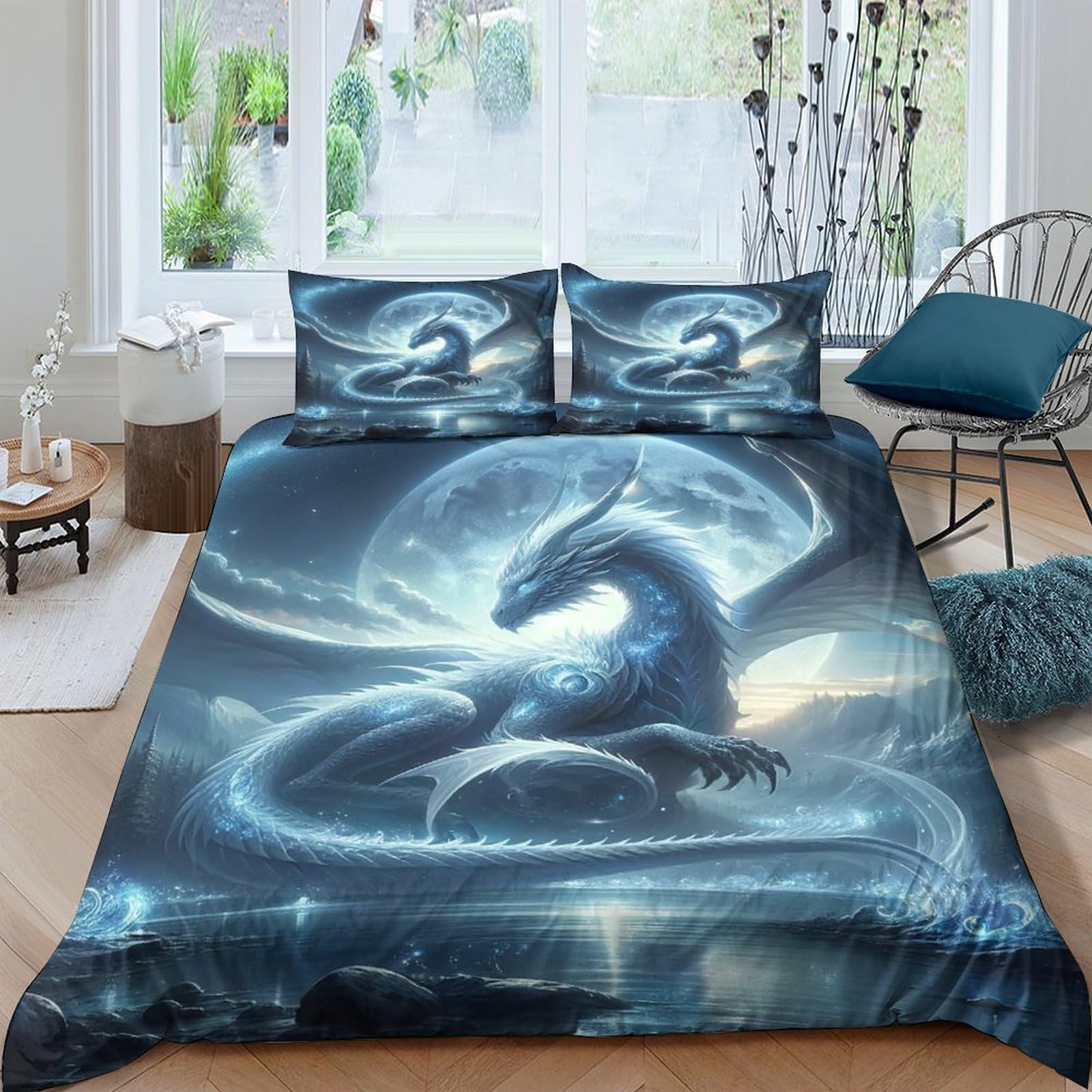 QPIRINMEX 3D Printed Flying Dragon Duvet Cover Set with Pillow Cases Quilt Cover Bedding Set,with Zipper Closure,3pcs,for Childrens And Adults Double（200x200cm）