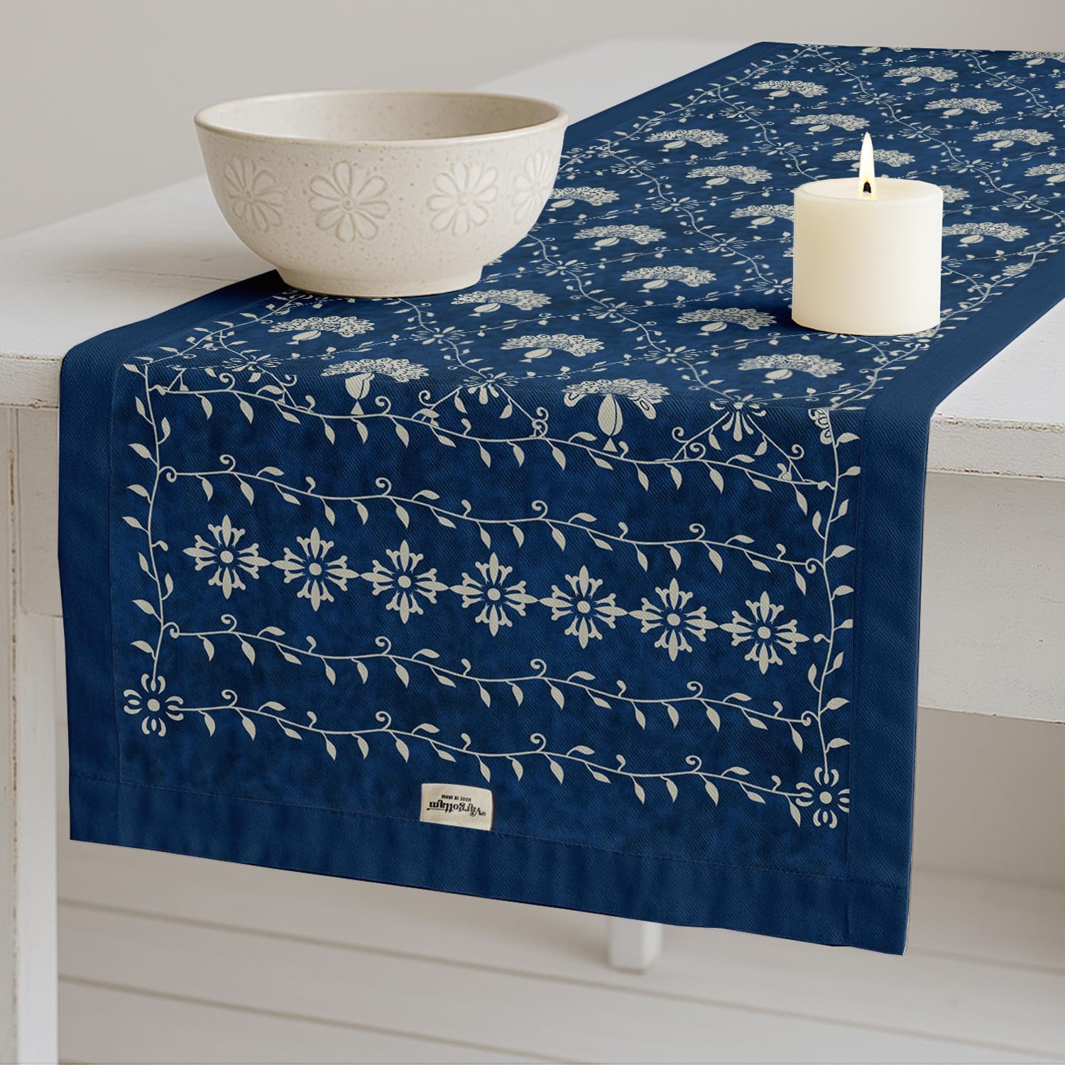 Boho Cotton Table Runner - Double Layer with Printed Floral Design - Machine Washable - Table Décor for Kitchen, Living & Events, 14" x 60"