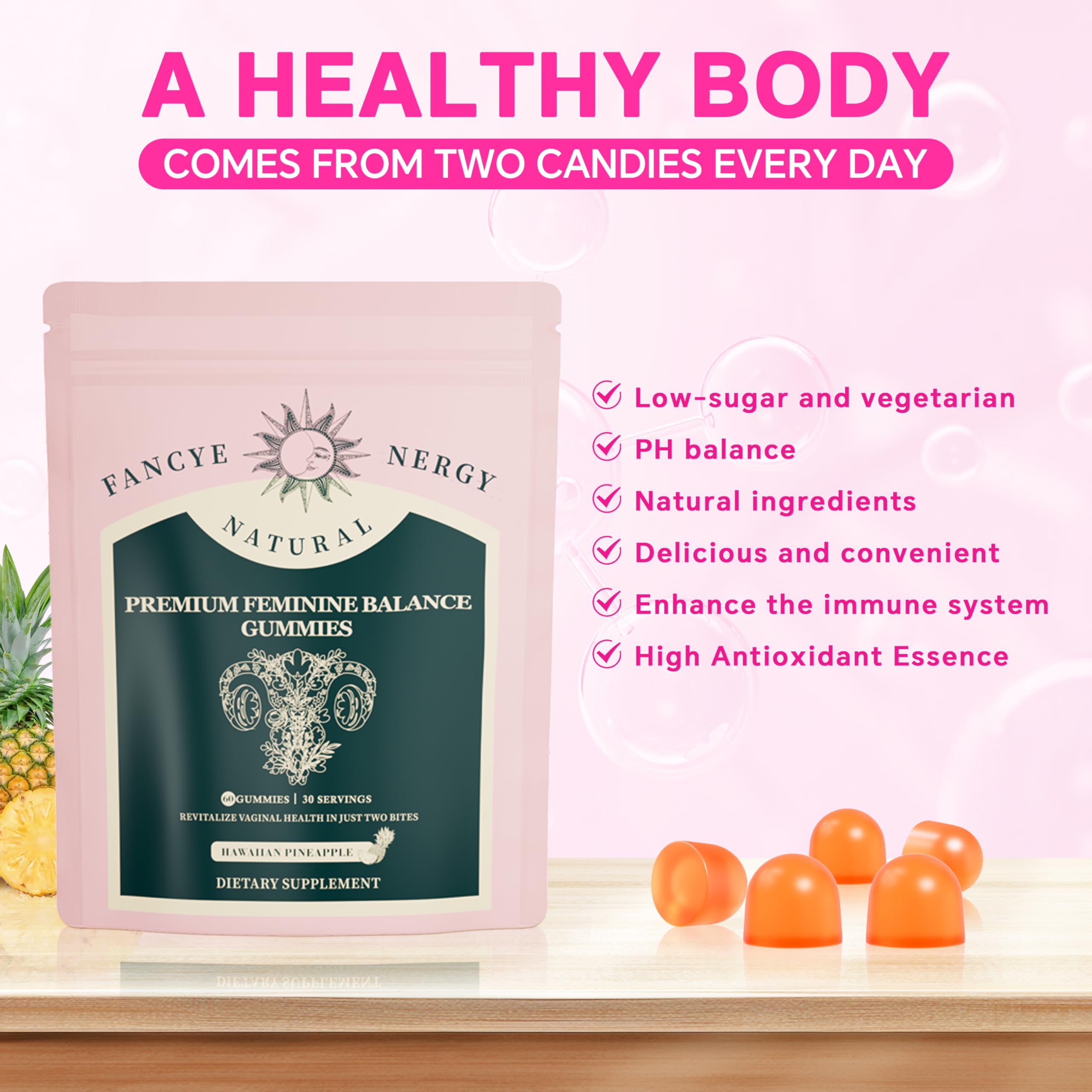Premium Feminine Balance Gummibänder für Frauen - Hawaiianischer Ananasgeschmack für Frauen, pH-Ausgleich und Gesundheit des Verdauungssystems, Immununterstützung, GVO-frei, vegan.