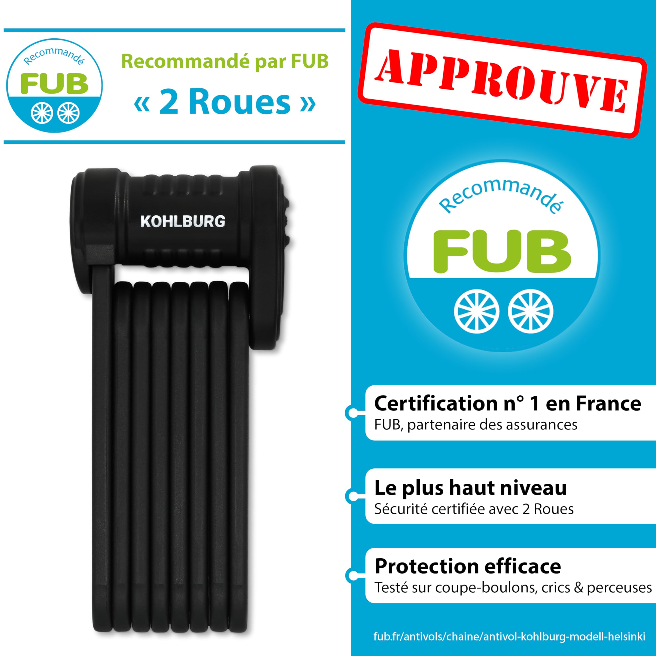 KOHLBURG Antivol pliable vélo 89cm – FUB 2 Roues – sécurité maximale à 1kg | Antivol vélo avec support – très sûr comme antivol trottinette & eBike vélo sécurisé – anti vol velo electrique homologué