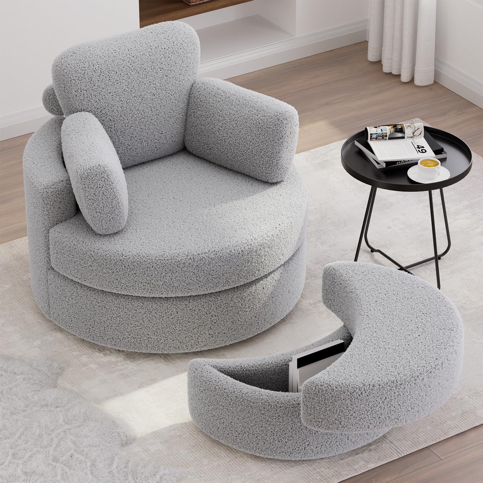 MEISSALIVVESwivel Accent Chair, Swivel Barrel Chair - Swivel Chair with Ottoman, Cuddle Chairs Round Lounge Sofa Chair with Pillow, 360° Single Swivel Chairs for Living Room (Grey)