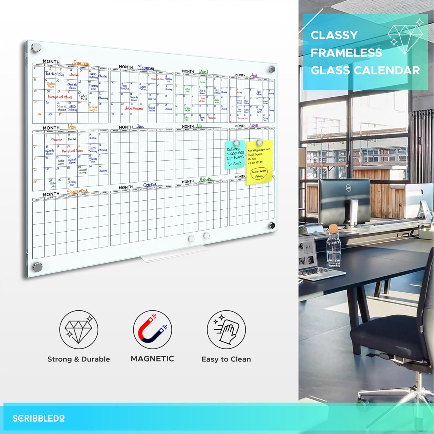 Yearly 24"x36" Glass Magnetic Whiteboard Calendar Planner - Dry Erase Board for Wall Monthly Home Office Large Wall Calendar