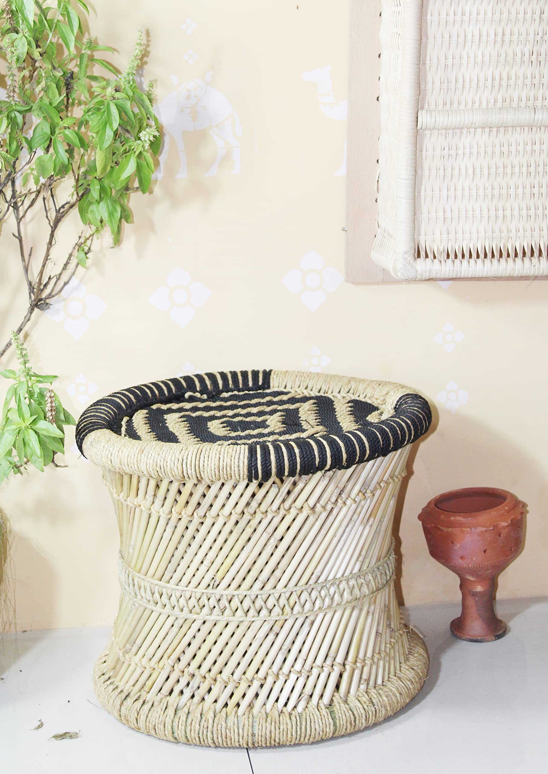 Handmakers ! Bamboo (SARKANDA) Mudda Stool with Black and Beige (13 X 17) Inches
