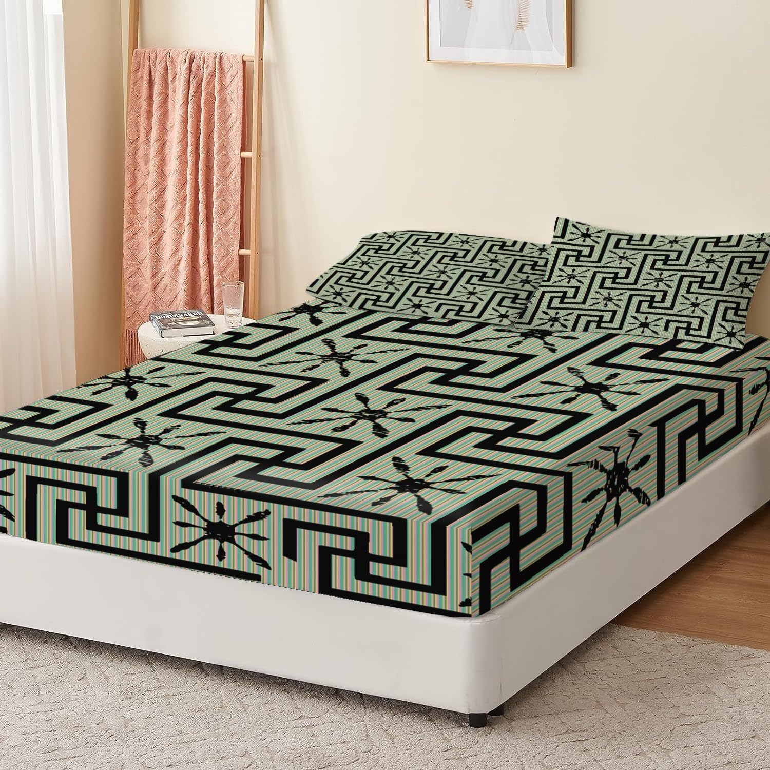 Spannbettlaken 160x200cm Geometrische Linien Kinder Spannbetttuch für Jungen Mädchen Jugendliche Dekor Bettlaken Set 3D Gedruckt Matratzenbezug mit 2 Kissenbezügen