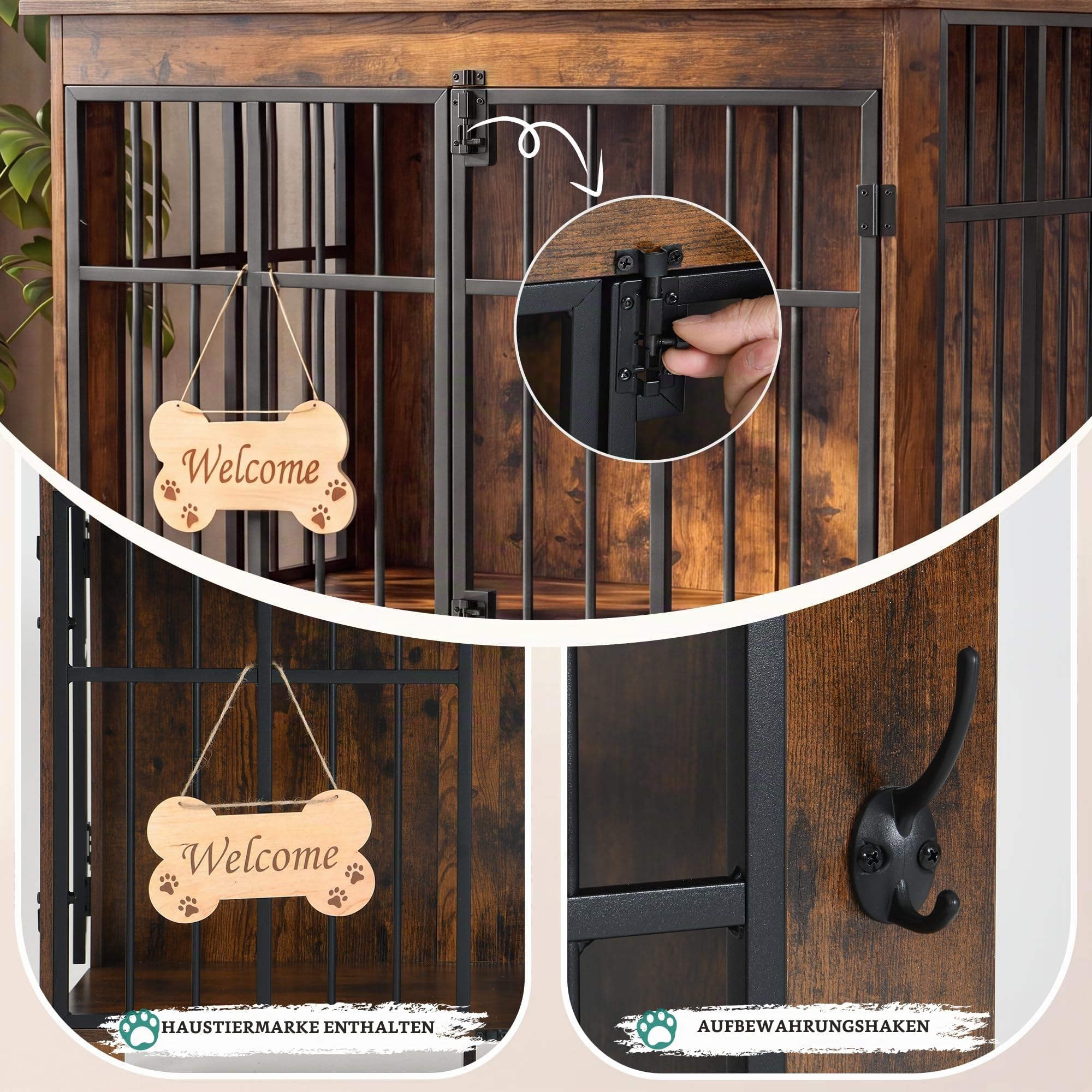 YITAHOME Große Hundebox für Zuhause 100cm, Doppeltür, Vintagebraun | Absturzsicherung, Knochen-Welcome-Schild, Haken, Riegel, Beistelltisch nutzbar, Für Mittel-Großhunde bis 50kg. Pflegeleicht.