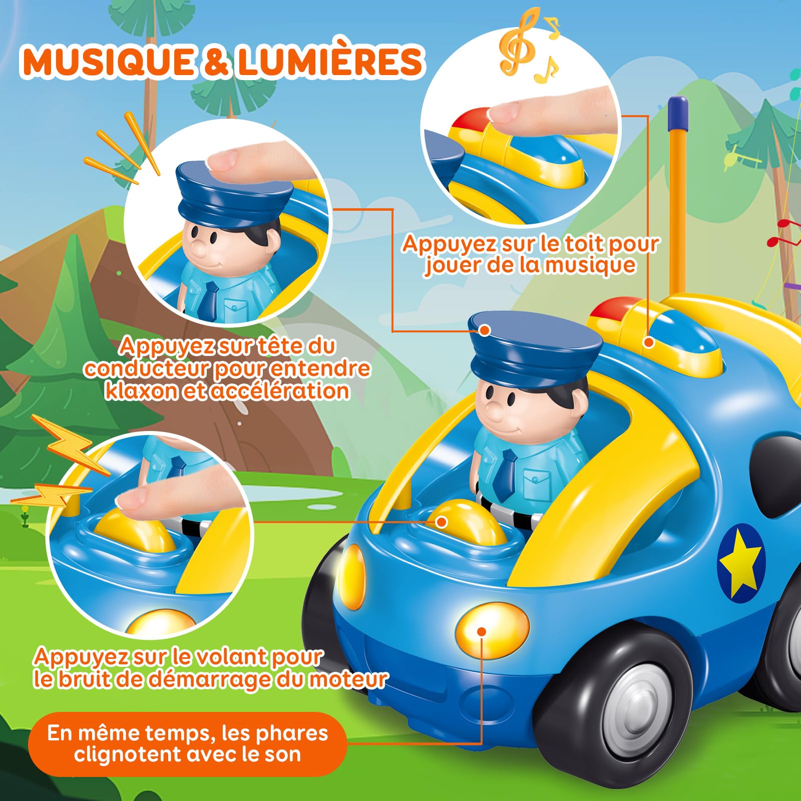 Pup Go Radiocommandee pour Enfant 2 3 Ans, Cadeau Noel pour Garcon, avec Musique Et Lumières, Telecommandé 2 Ans avec 2 Poupées，La Première Voiture Télécommandée d'un Jeunes