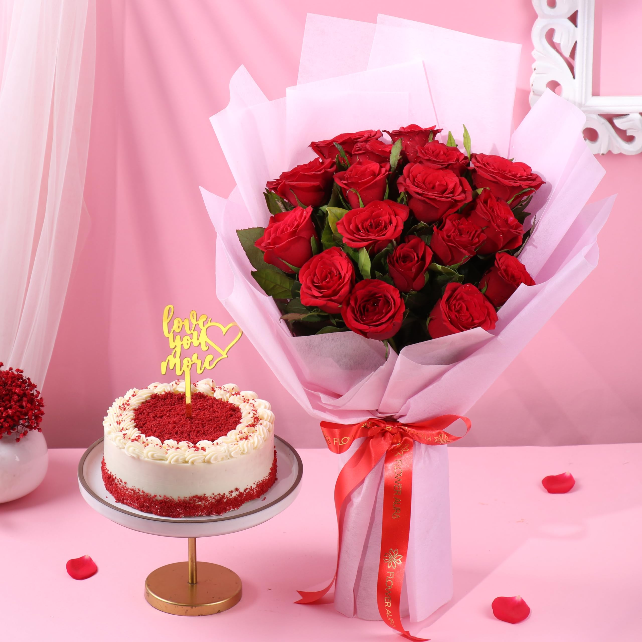 FlowerAura Heartfelt Combo of Fresh 500g Love Red Velvet Cake & 15 Roses Flower Bouquet For Birthday | Anniversary | Valentine's Day Gift For Girlfriend, Boyfriend, Husband & Wife (Same Day Delivery)-image-12