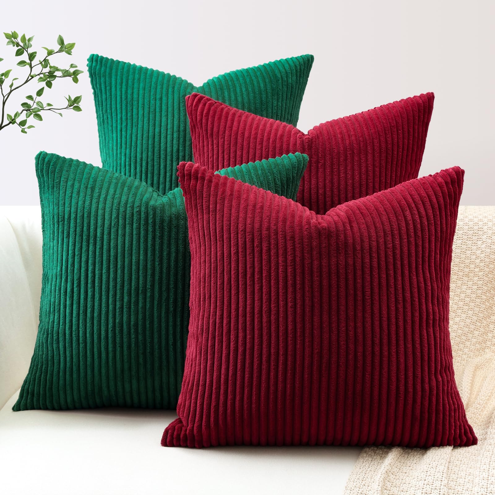 Housse de coussin velours côtelé 40x40 cm vert et bordeaux pour déco bohème