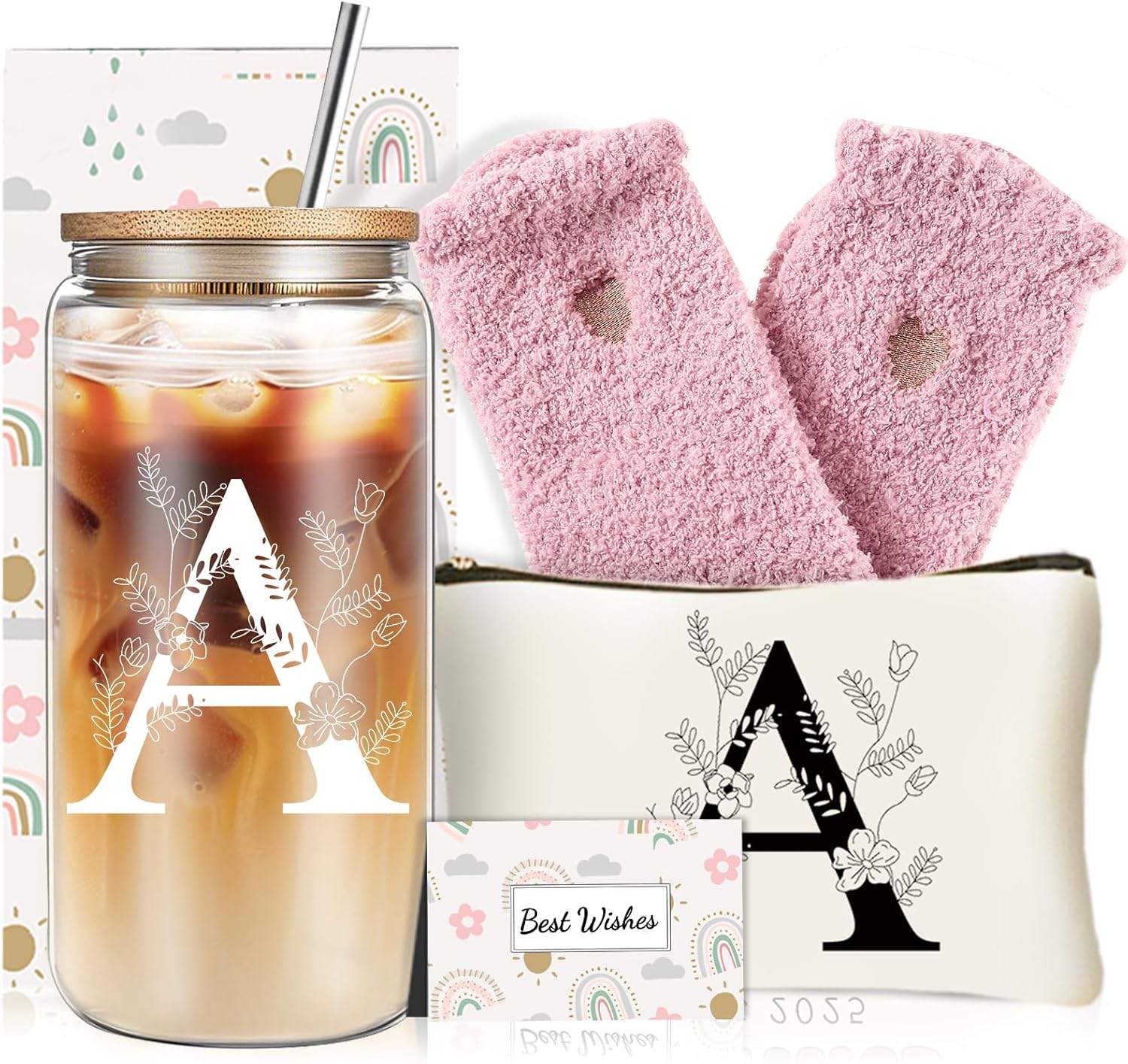 Unique Initial Glass Cup with Lids and Straws, Monogrammed Gifts Box Included Makeup Bag, Valentines Day Mothers Day Birthday Gifts for Women Mom Sister Grandma, A