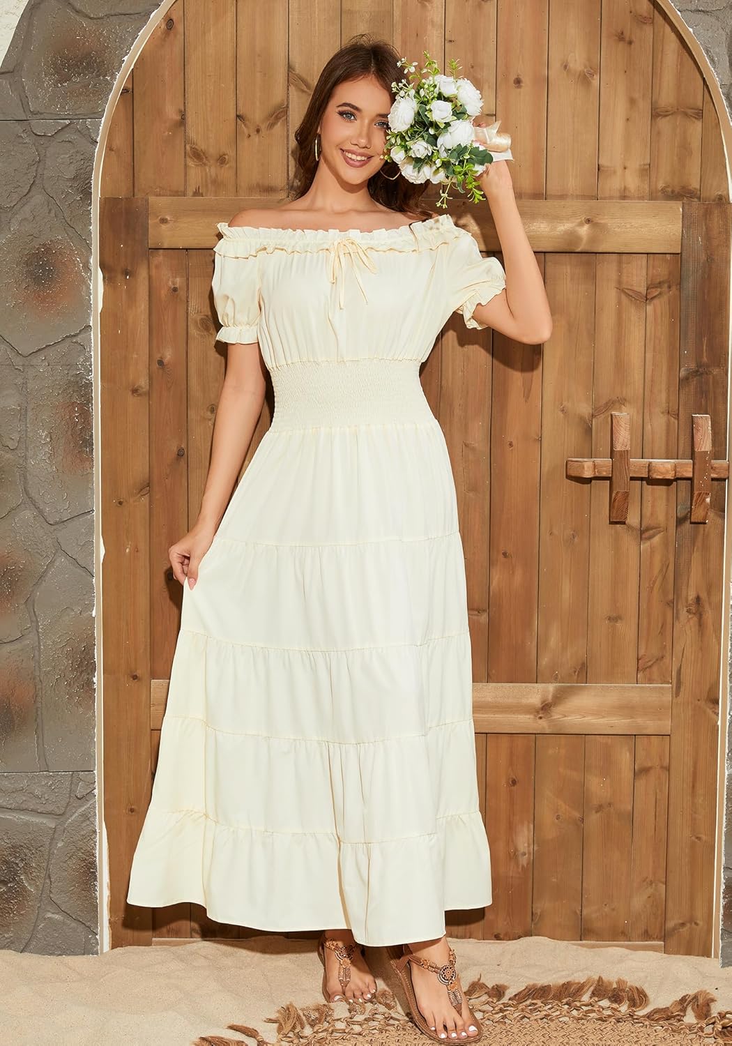 Populus Beige Renaissance Costume Women Medieval Pirate Viking Corset Ruffle Gothic Dress for Halloween - Image 3