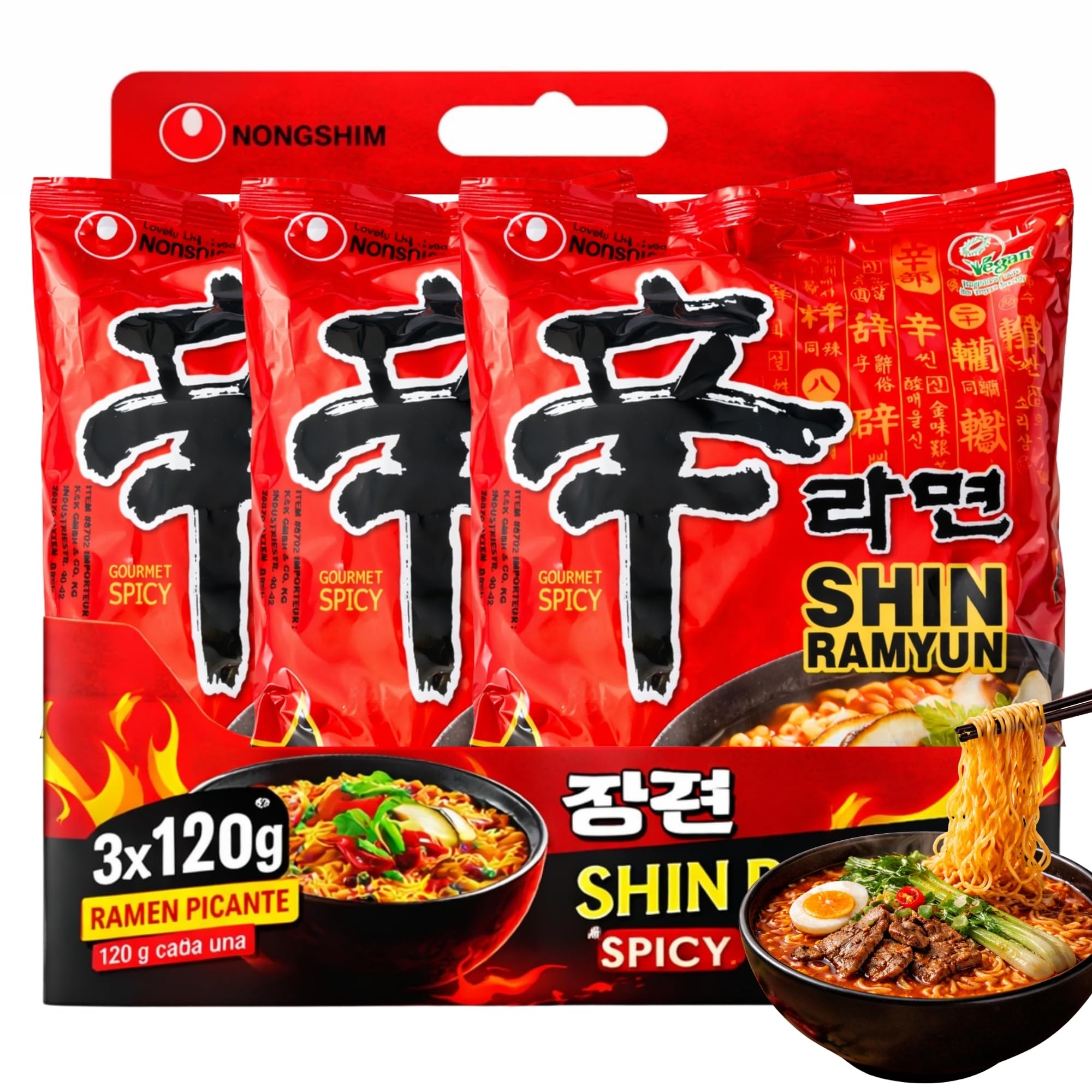 Ramen Picante Nong shin, Fideos Instantáneos Nong Shim Shin Ramyun, Instant Noodle Ramen Corea, Original Coreano, Agrega agua caliente y cocina por 5 minutos, 3 unidades de 120 g - imagen 1