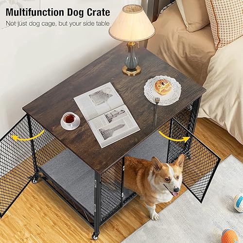 Miniatura 2 de Aivituvin Muebles de jaula para perros, mesa auxiliar móvil para interiores, para perros pequeños, medianos y grandes, casa de madera para perros