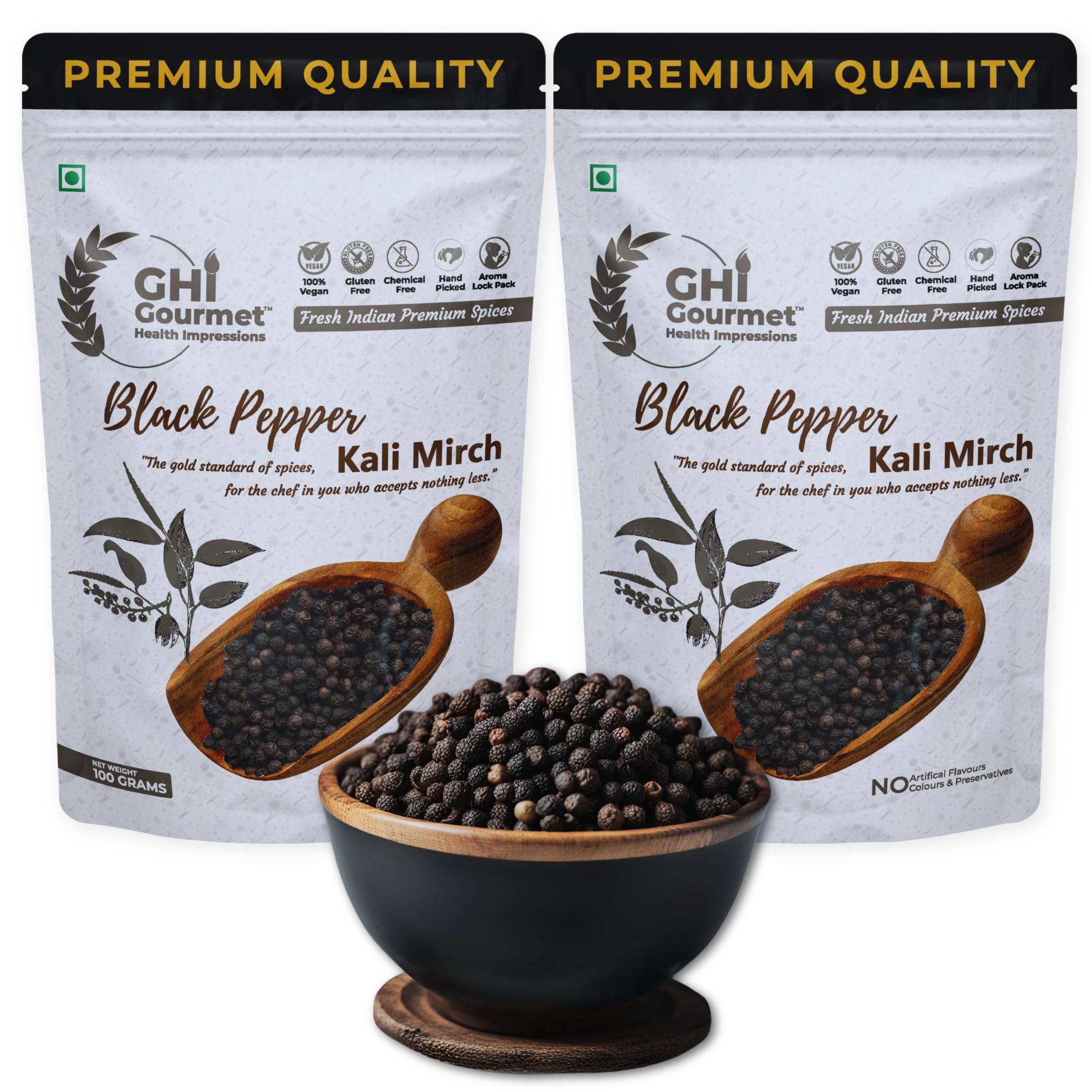 Superior Grade Wayanad Region Tellycherry Bold Whole Black Pepper (Kali Mirch) (Pack of 2 x 100g) | Net Weight 200g | Aromatic, Non-GMO |100% Machine Sortex - 600 GL