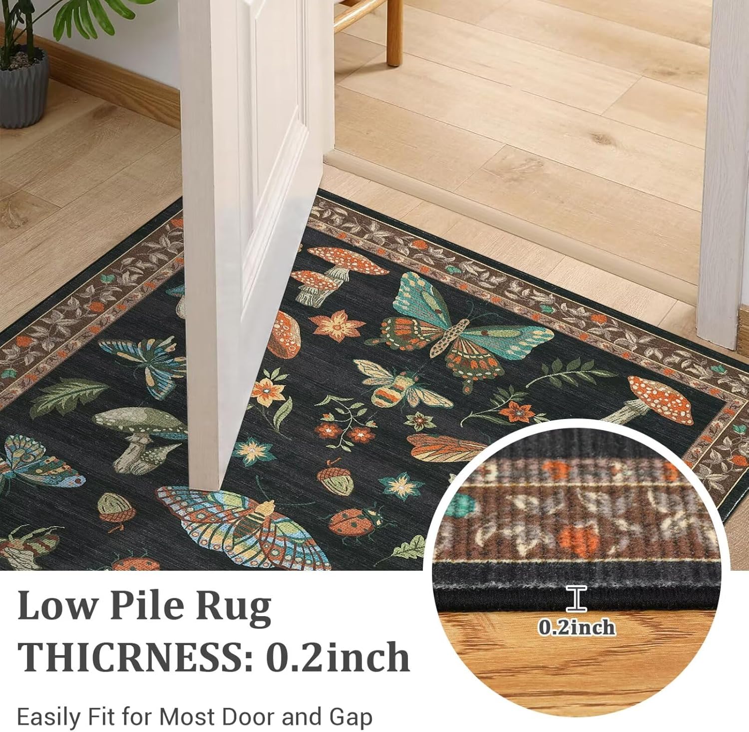Mushroom 2.5x8 Runner Rug for Hallway Washable Kitchen Rugs Non Slip Low-Pile Whimsical Cottage Core Insect Bug Butterfly Funky Decor for Entryway Bathroom Bedroom Black Brown