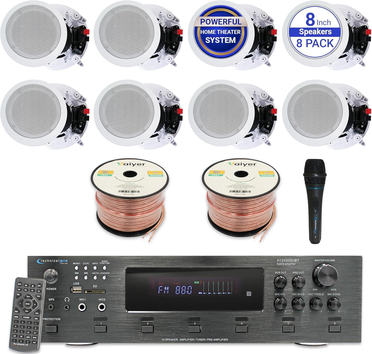 Home Theater Sound System Kit - 6 Channel 6000 Watts Bluetooth Amplifier, 8 Qty of 8” Framed Ceiling Speakers 300 W Each, Mic, 500 ft Speaker Wire & Remote for Home, Office, Restaurant by Vaiyer
