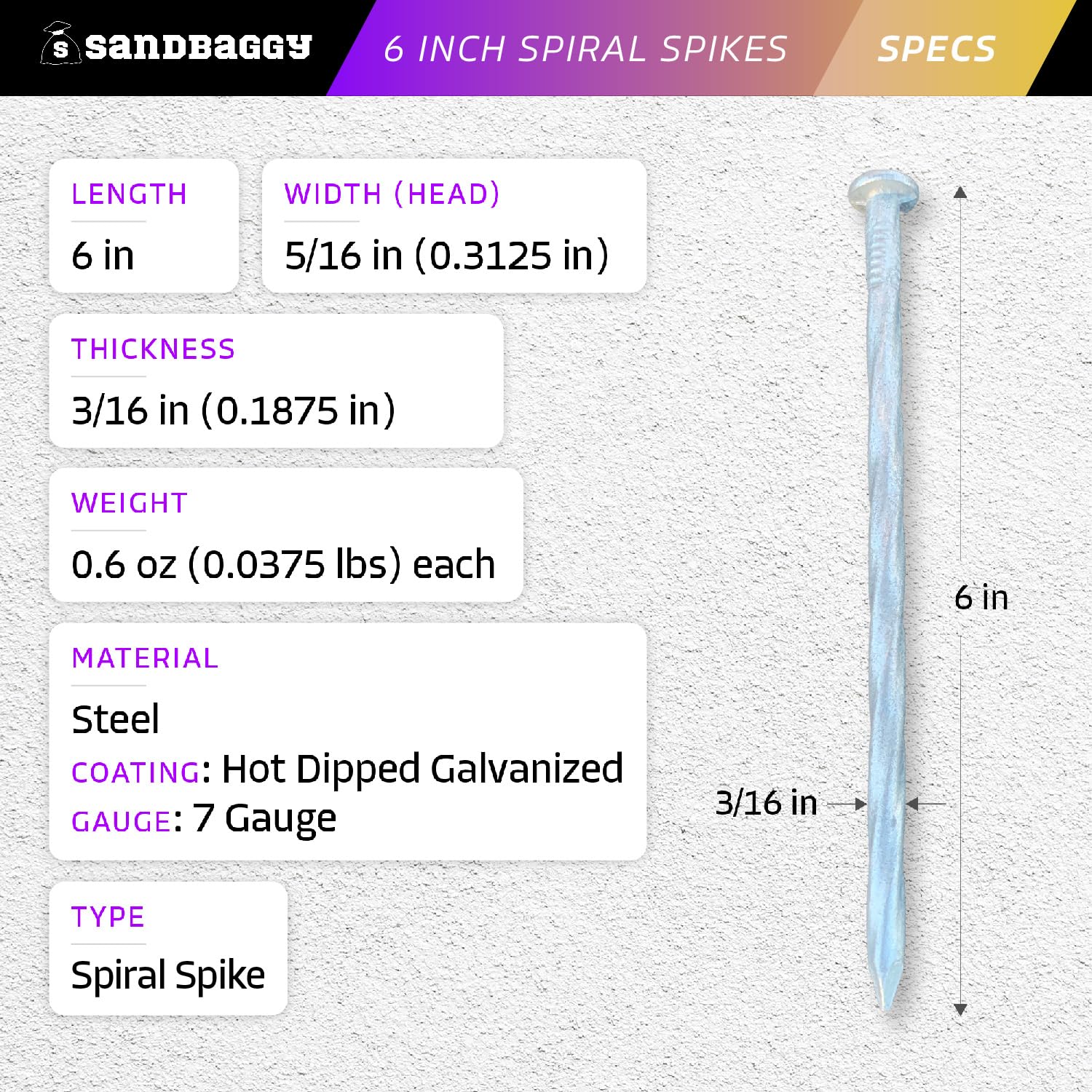 Sandbaggy 6 Inch Galvanized Artificial Turf Stakes - Spiral Landscape Nails - Ground Spikes/Pins for Synthetic Grass, Lawn, Edging, Weed Barrier Fabric, Garden (Steel (7 Gauge), 100)