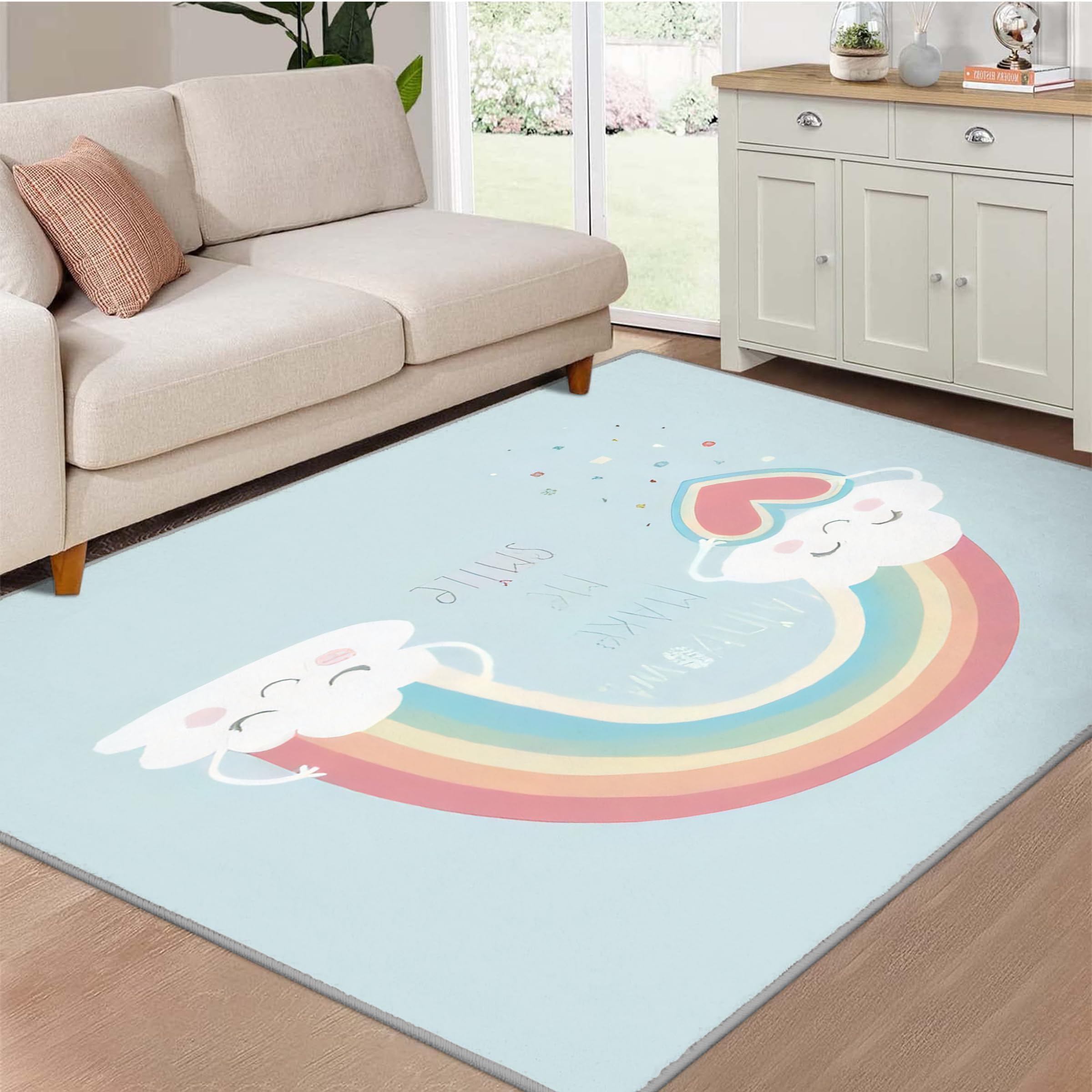 Tappeto Camera da Letto Arcobaleno 100x120 Pelo Corto Morbidi, Tappeti Salotto Nuvola Lavabile Lavatrice, Tappeto Scendiletto per Cameretta Ragazza Stanza