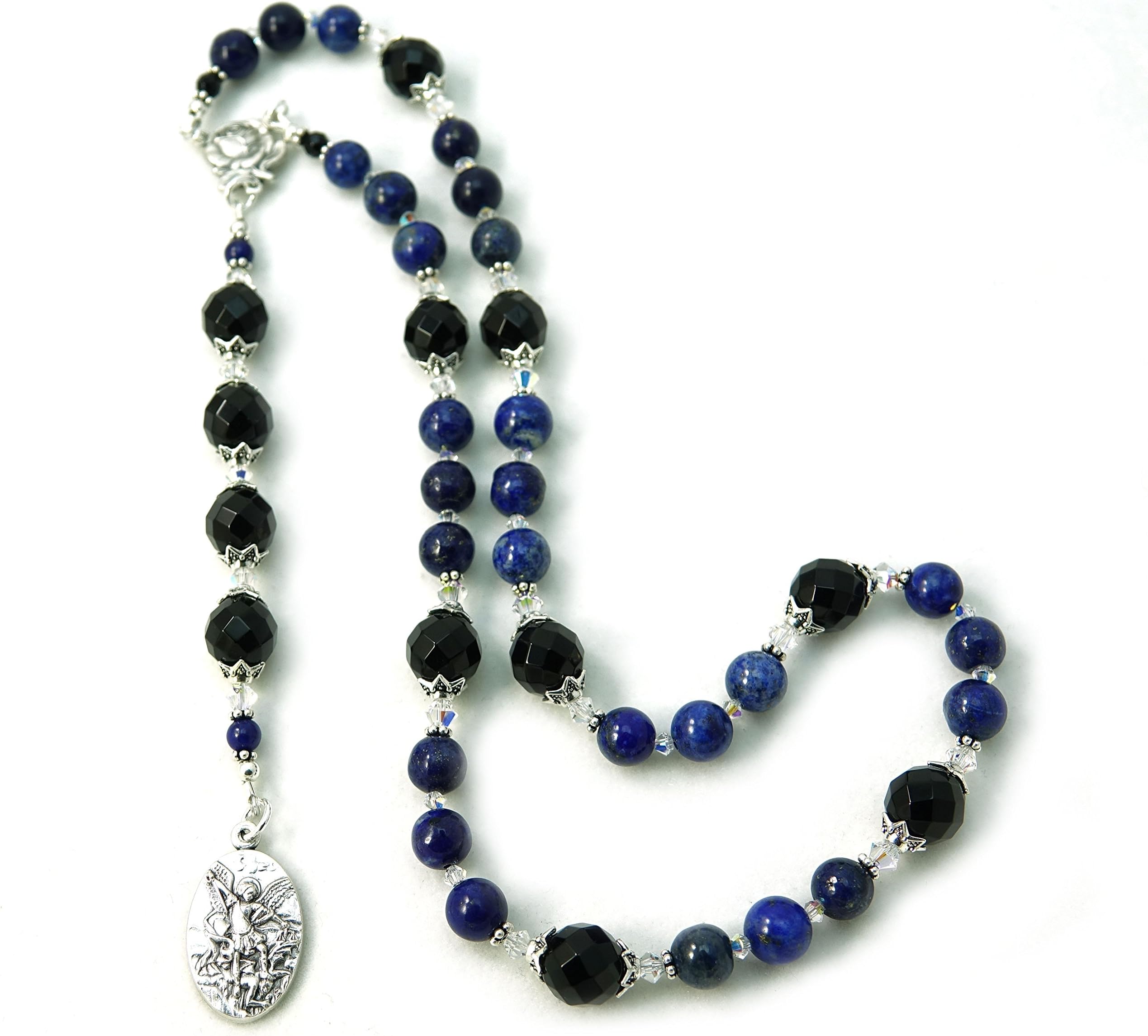 Catholic Prayer Beads St Michael Chaplet Lapis and Agate Gemstone with Blessed with Anointing Oil (Not a Necklace)
