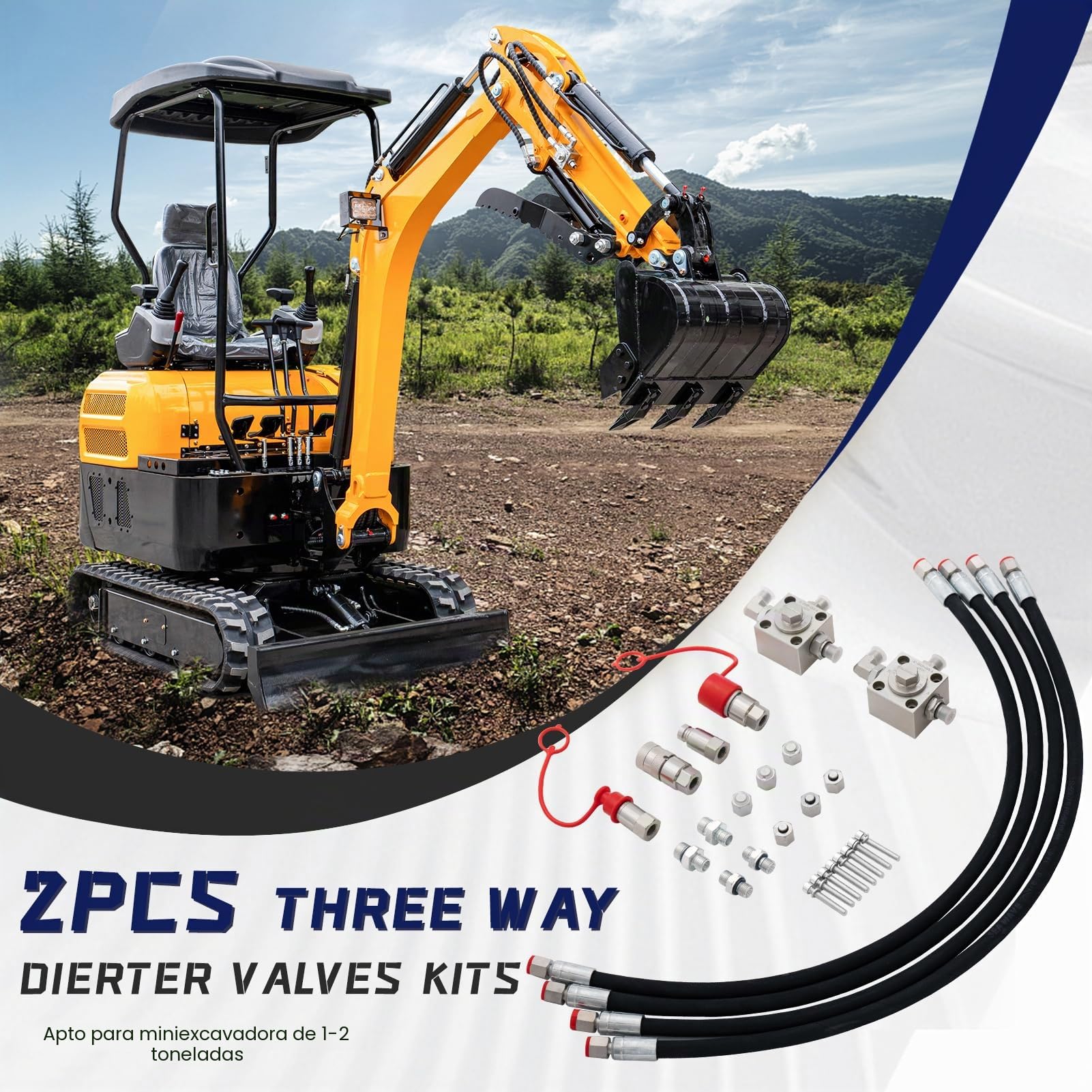 Kit Válvula Hidráulica 3 Vías para Miniexcavadora 1-2T | Conexión hidráulica completa,instalación rápida,flujo estable,múltiples accesorios compatibles