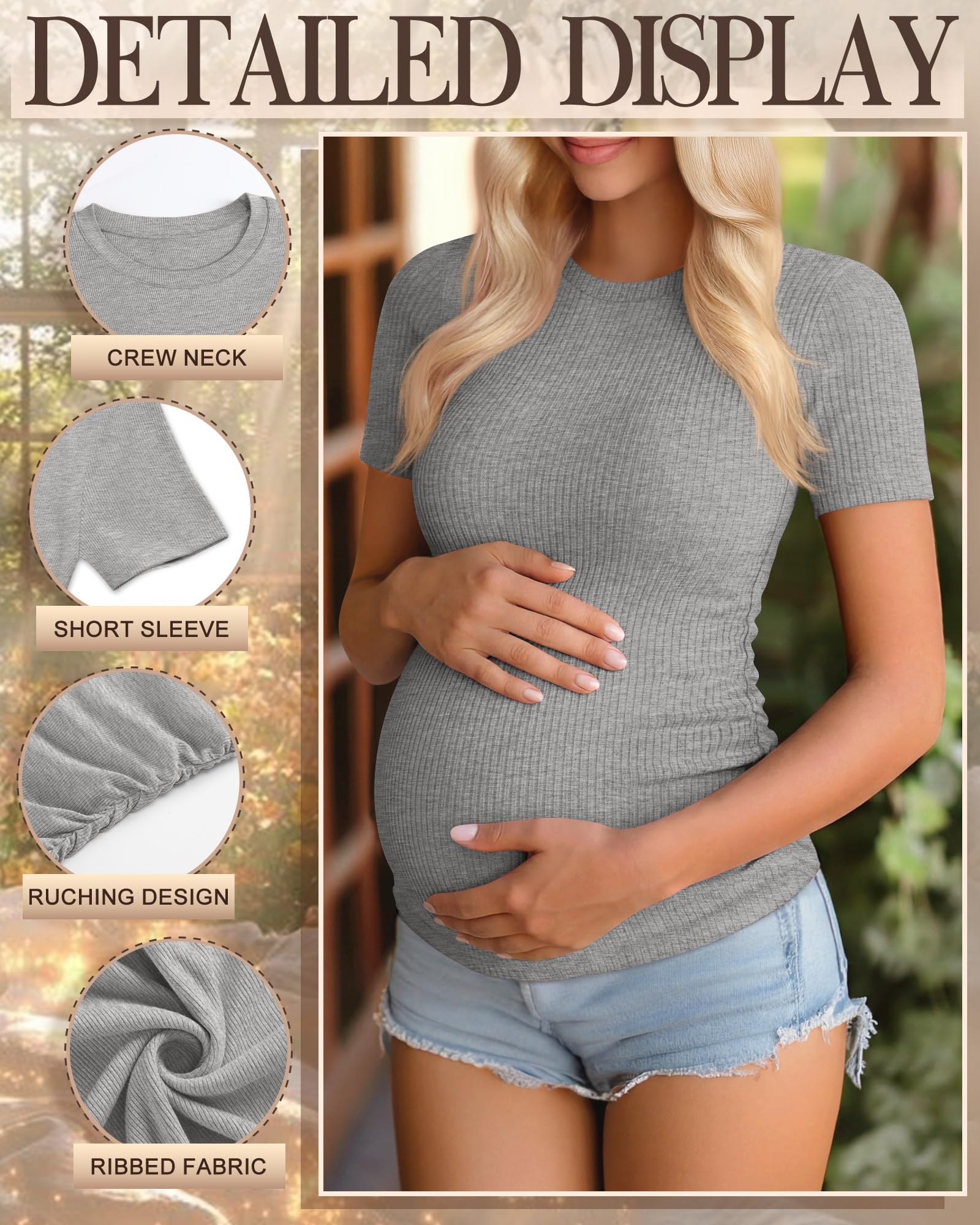 Ficerd Pack de 3 Chemises de Grossesse en Coton, Manches Courtes, Plissé Latéral, Tissu Rayé