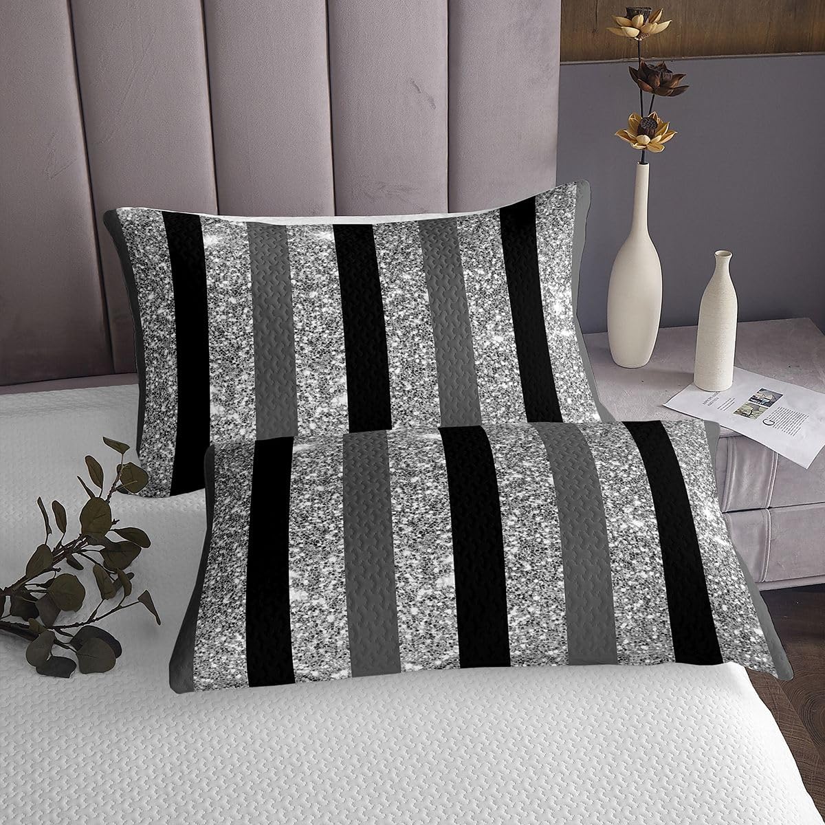 Loussiesd Set copriletto trapuntato grigio e nero a righe per letto singolo per bambini ragazzi ragazze copriletto glitterato per tutte le stagioni con 1 federa geometrica in microfibra moderna a