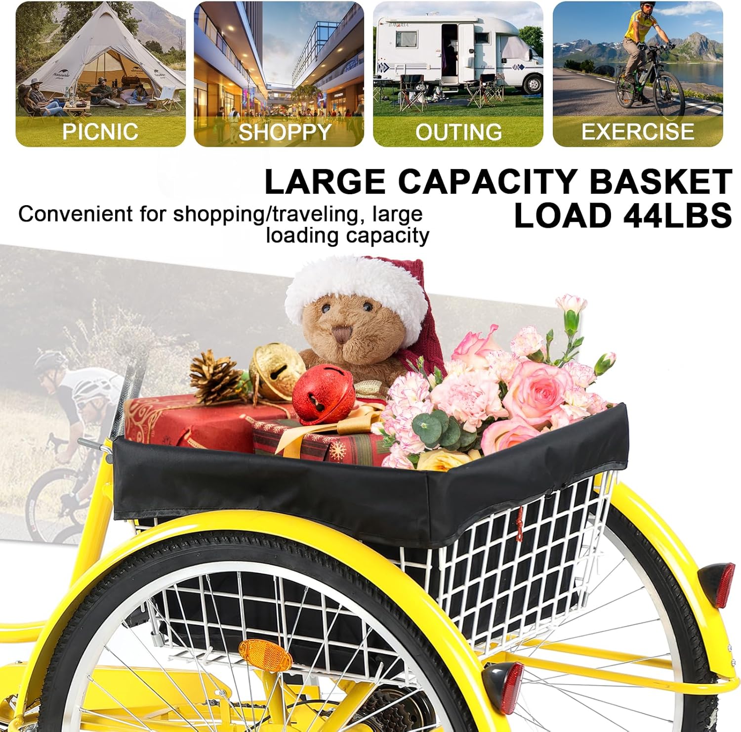 Adult Tricycle 24/26inch 7 Speed, 3 Wheel Mountain Trikes, Three Wheeled Bikes with Basket & Backrest Seat for Seniors, Women, Men, Multiple Colors