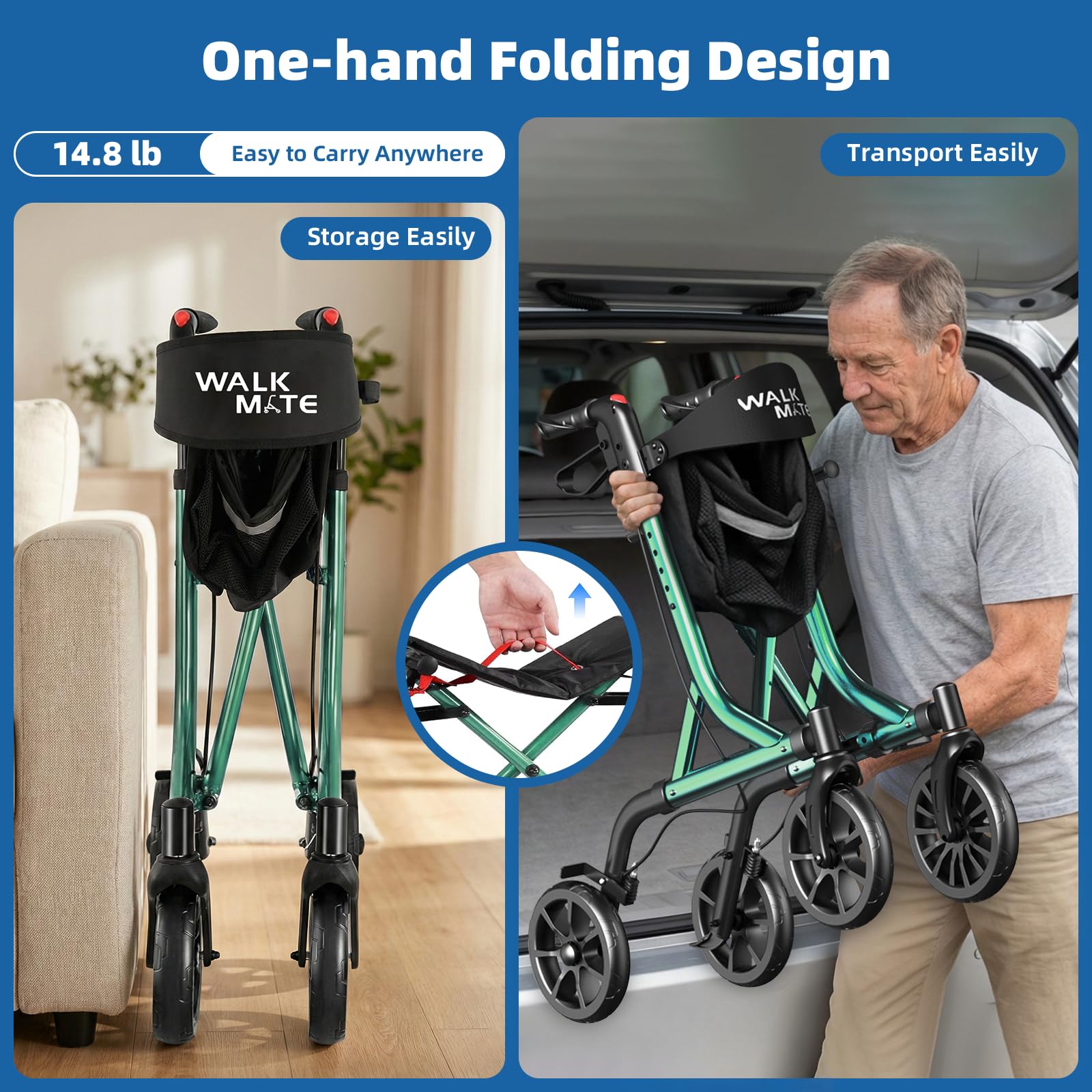 WALK MATE Andador con ruedas para personas mayores con soporte para tazas, botón mejorado para ajuste de altura, ruedas de 4 x 8 pulgadas con respaldo acolchado, plegable, ligero, ayuda para caminar,