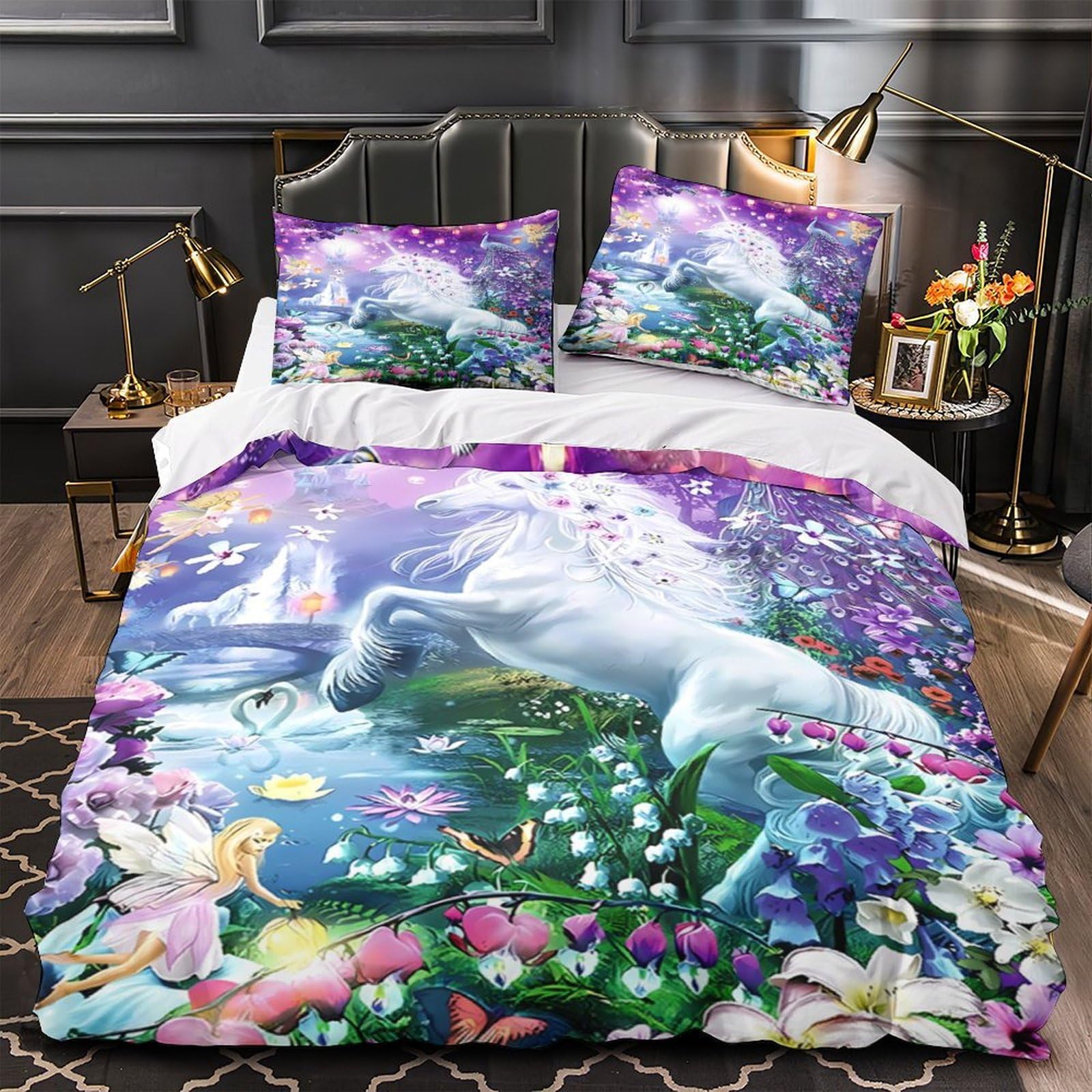Housse de couette licorne 3D microfibre 200x200 cm avec fermeture éclair pour lit enfant garçon