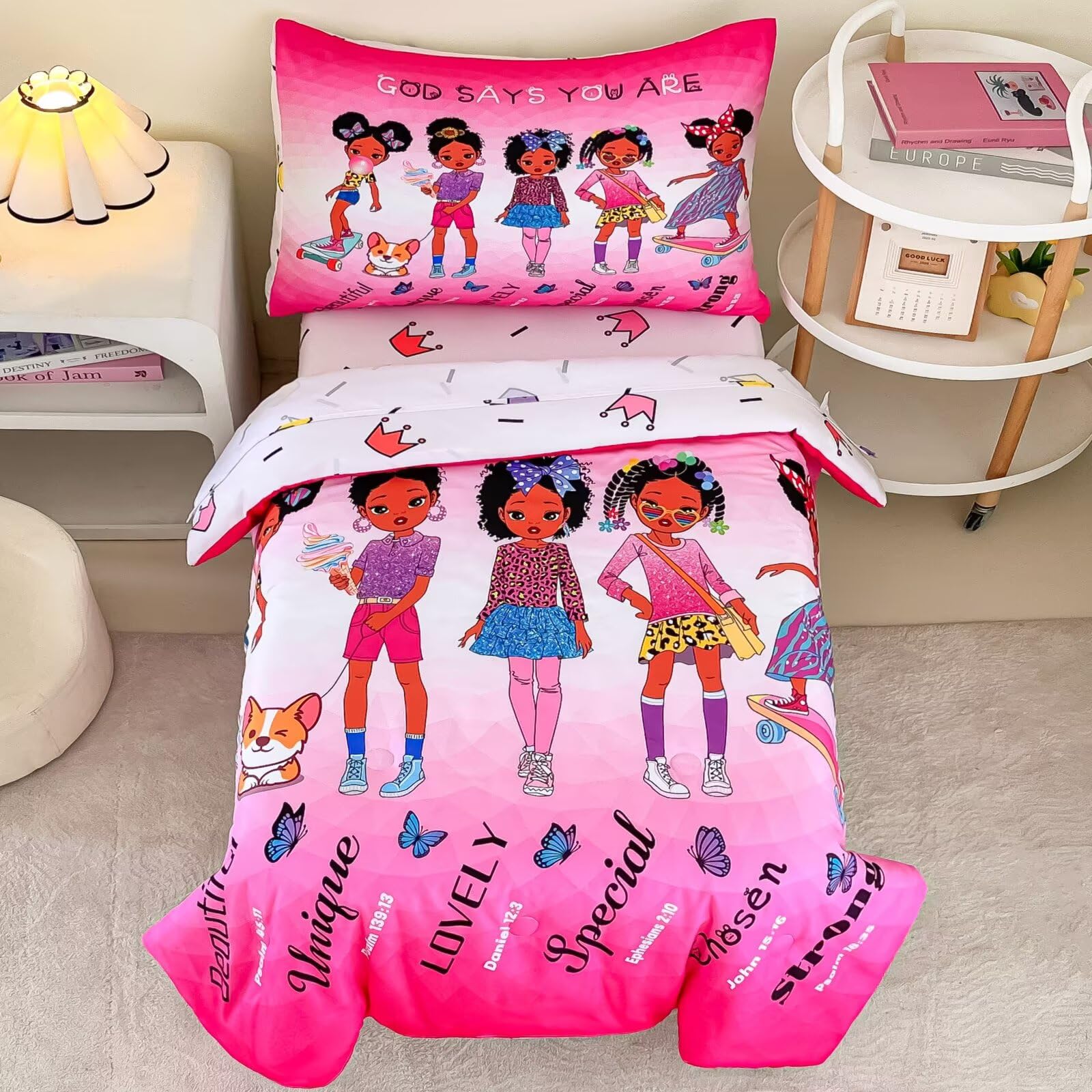 GRAT TIOC 4-Piece Toddler Bedding Set for Girls - Black Girl Magic Comforter Set Includes Comforter, Flat Sheet, Fitted Sheet, Pillowcase