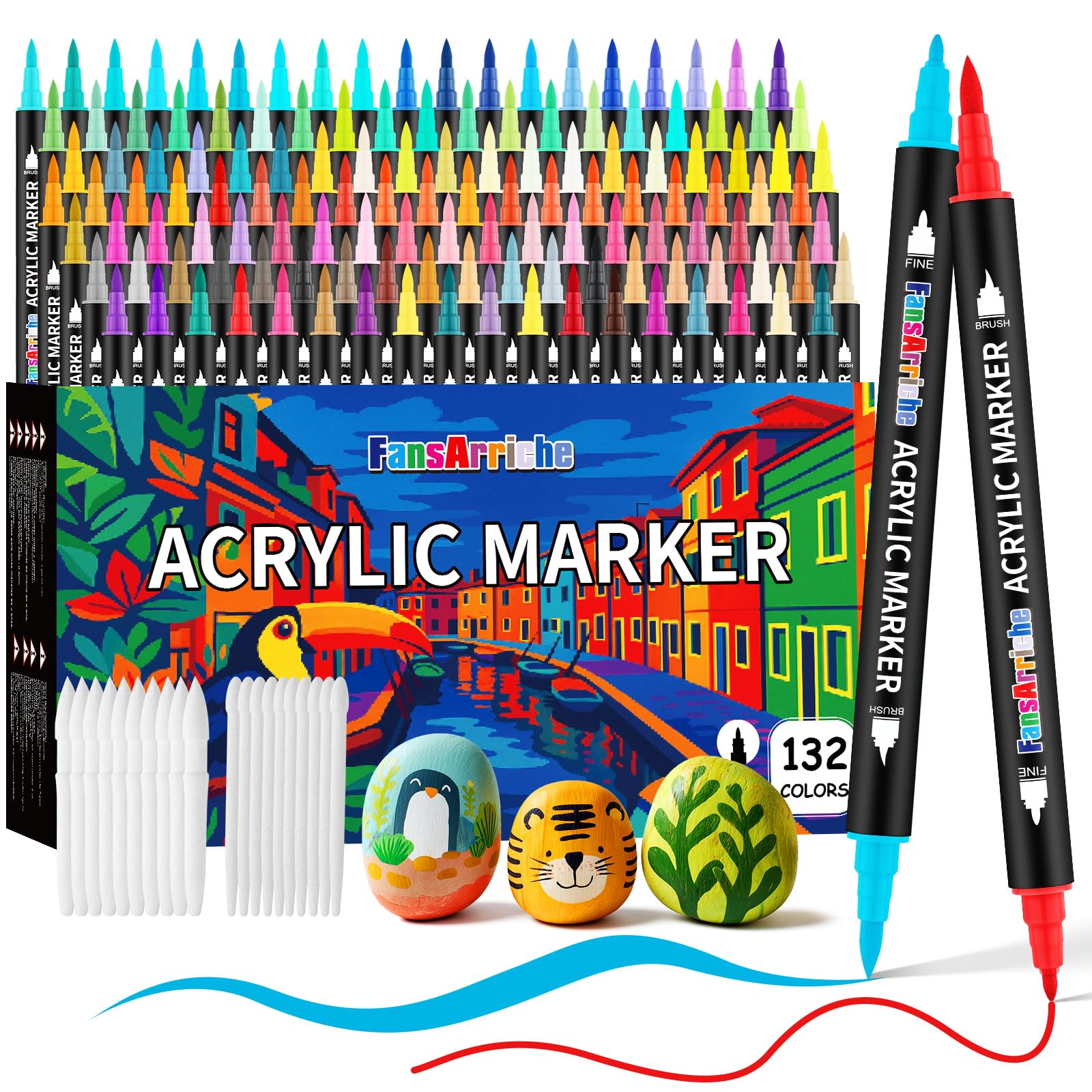 FansArriche 132 Colors Acrylic Paint Pens Dual Tip Acrylic Paint Marker Set with Fine Tip and Brush Tip