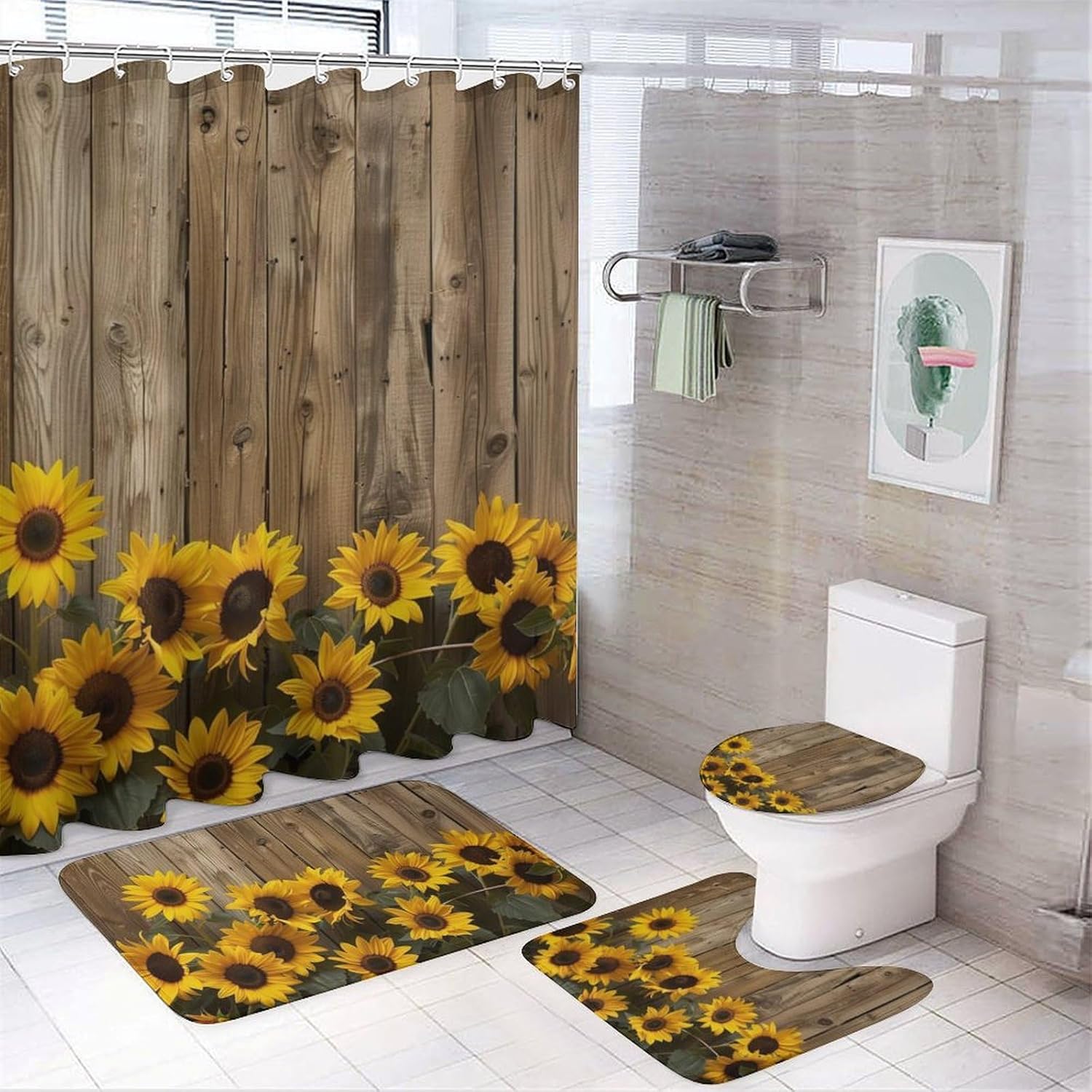 4Pcs Rustic Farmhouse Shower Curtain Set with Rugs, Toilet Lid Cover and Bath Mat, Yellow Sunflower Rustic Floral Bathroom Curtains Decor Shower Curtains, 72" x 72"