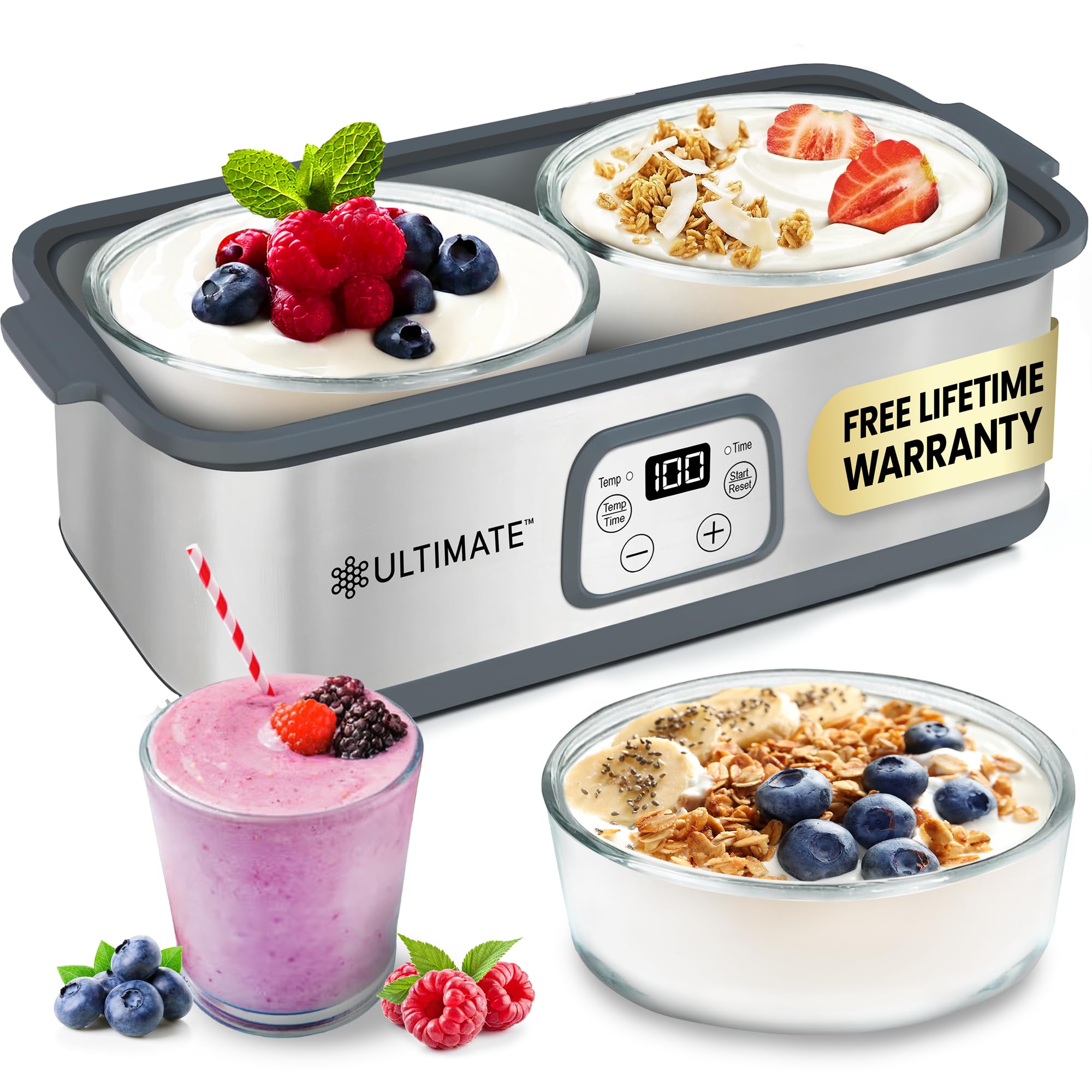 Ultimate Probiotic Yogurt Maker with Adjustable Time & Temp Control - Make Trillions of Live Probiotics with Two 1-Quart Containers for Larger Batches - Greek Yogurt Maker - ULTIMATE LIFETIME WARRANTY