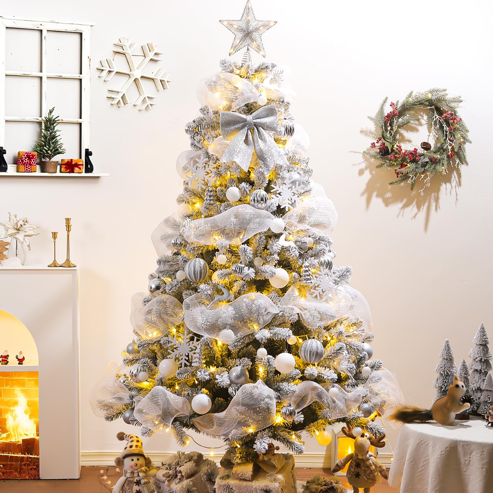 KOIUEYW 180cm Sapin de Noël Artificiel avec Neige et 300 LED - Sapin de Noël avec 856 Pointes et Support en Métal - pour la Maison, Les magasins, Le Bureau, Décoration Noël avec Neige