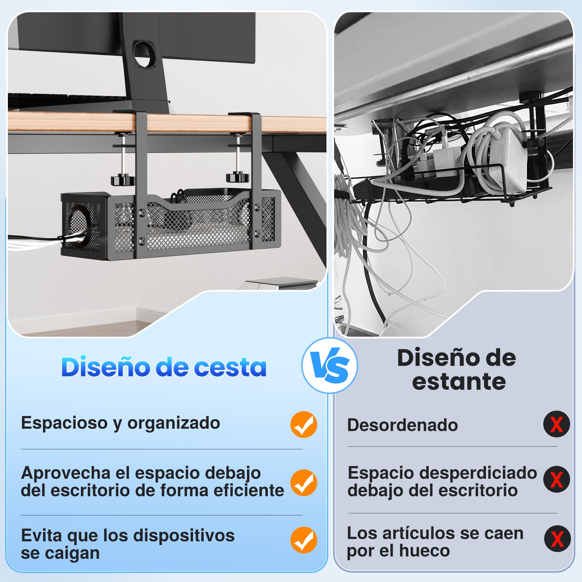 Under Desk Cable Management Tray Black, Cinati Wire Organizers No Drill, Cable Tray with Clamp for Wire Management, Cord Organization Box for Office, Home - No Damage to Desk