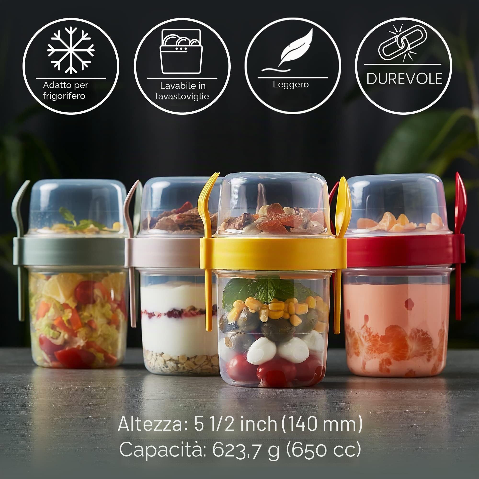 Crystalia Riutilizzabili Tazza di Muesli To Go, 4-Set, SENZA BPA Tazze Cereali con Coperchi, Tazza Viaggio, Contenitore Insalata, Porridge To Go, Porta Yogurt, Cereali Frutta Bicchiere