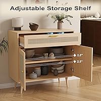 Vista 3 de Rattan Sideboard Buffet, Boho Kitchen Cabinet with Drawer & 2 Doors, Modern Mid Century Accent Cabinet with Adjustable Shelf,Coffee Bar for Living