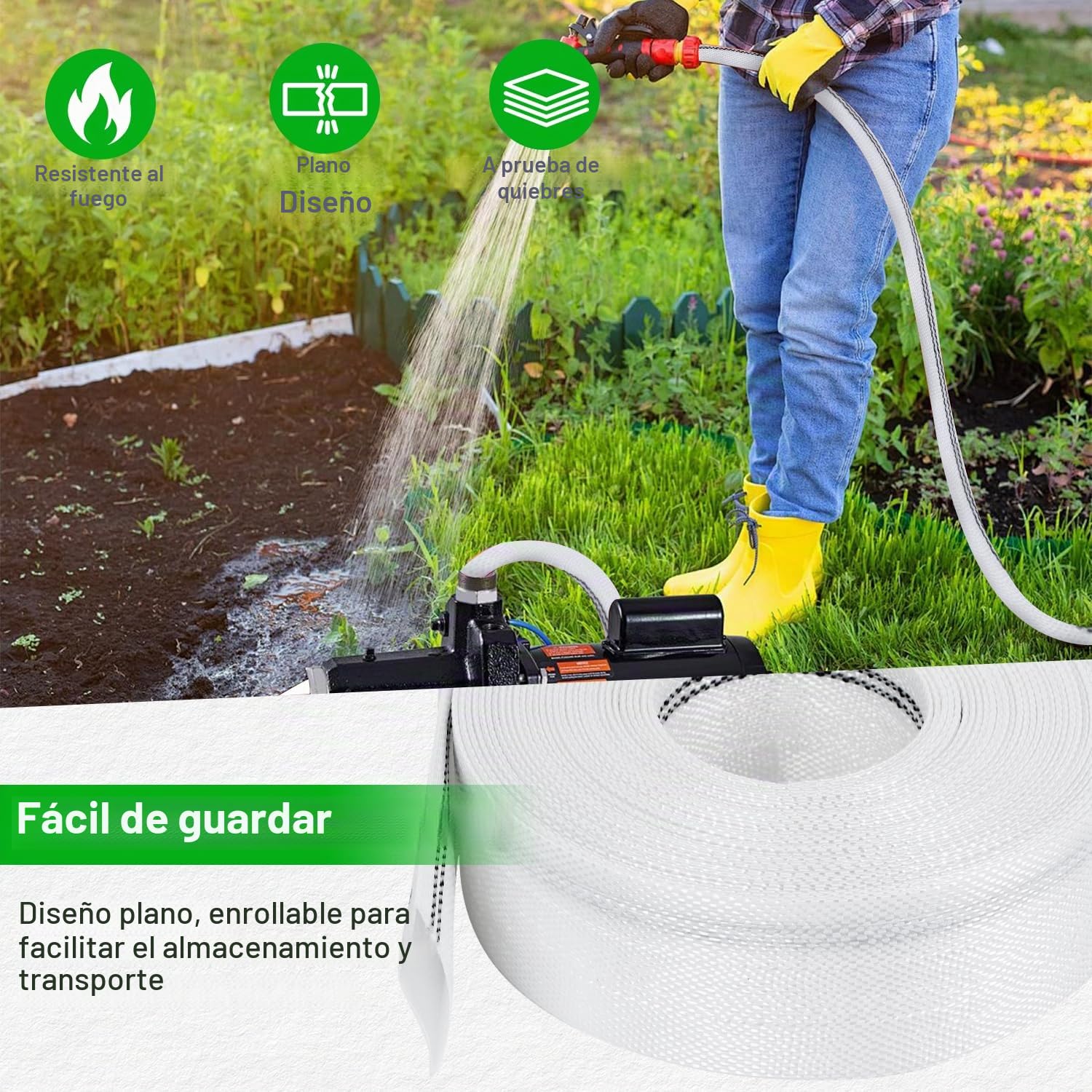KOVSGQ Manguera Plana Ø 1 1/2 Pulgadas Manguera De Evacuación 20mx38mm Manguera De Tejido con 4 abrazaderas Mangueras Industrial para Bomba De Agua Sumergible o Bomba Aguas Sucias