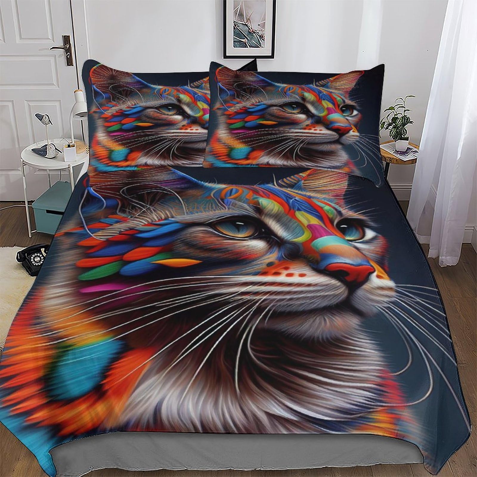 Parure de lit chat 200x200 cm avec housse de couette en microfibre et taies