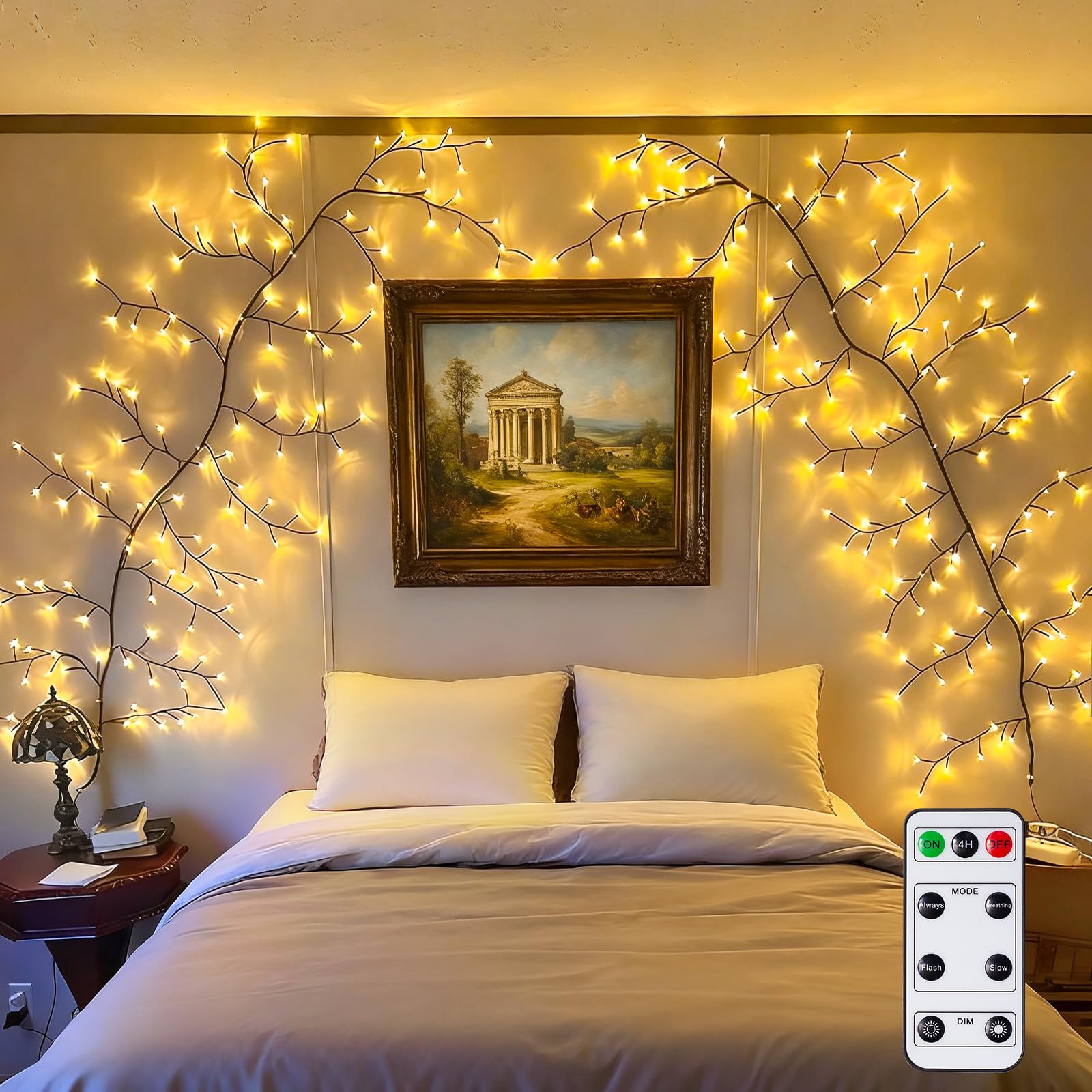 GOESWELL Enchanted Willow Vine Lights installed on a wall, showing the brown twig design with warm white LEDs.