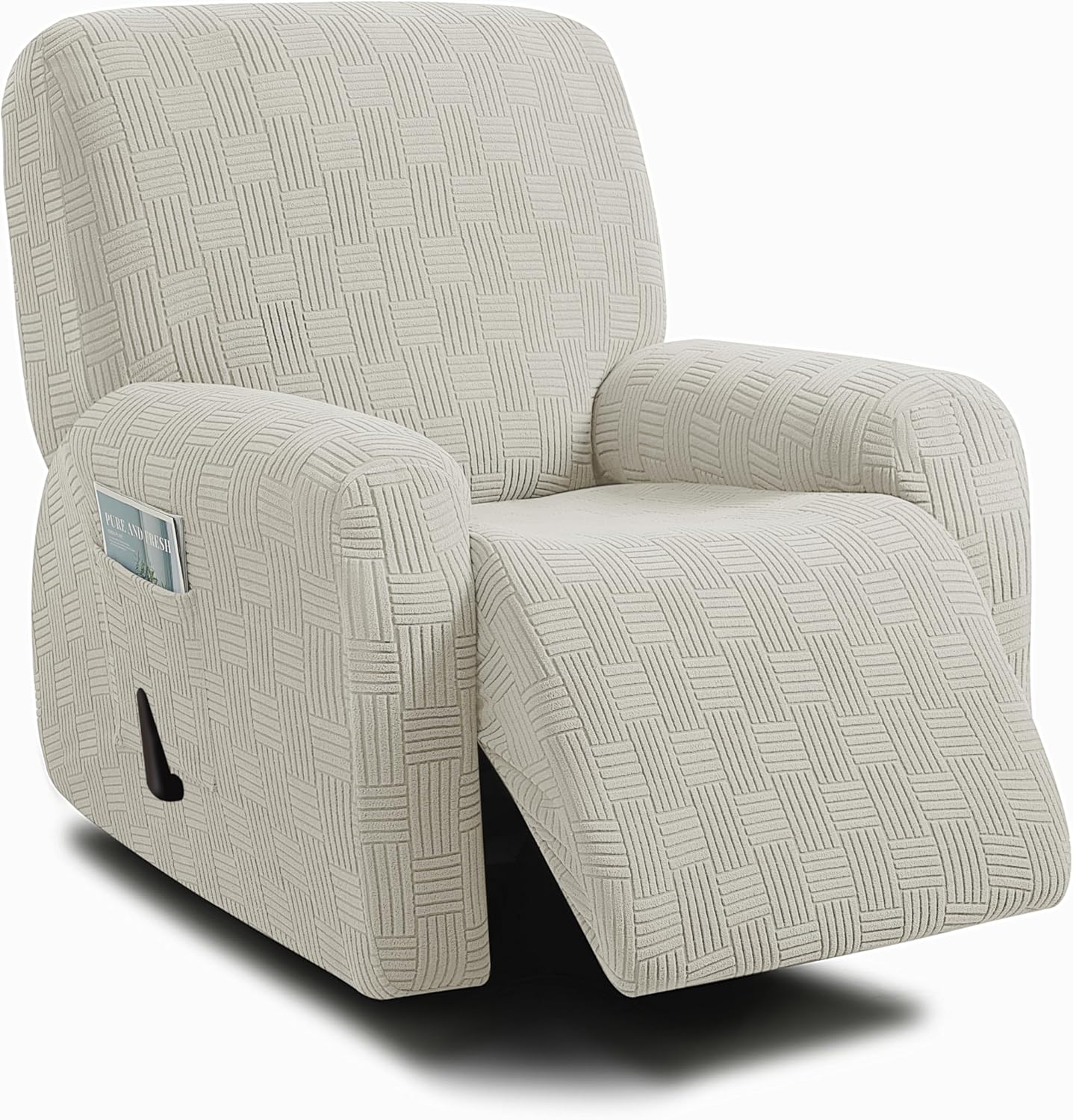 ulticor 4-piece, 1 seat recliner cover, jacquared stretch reclining chair covers for 1 cushion reclining sofa, single seat recliner couch cover, soft, machine washable (style 4) (ivory)