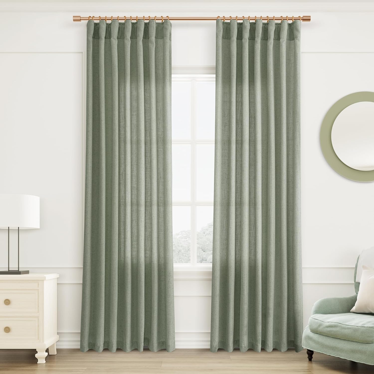 Joywell 80 Inch Long Sage Linen Curtains for Door Doorway Solid Green Cotton Curtain Drapes Back Tab Rod Pocket Hook Belt Farmhouse Neutral Sheer Linen Curtain 52 Wide by 80 Length 2 Panels 52W x 80L inch x 2 Panels Sage Green