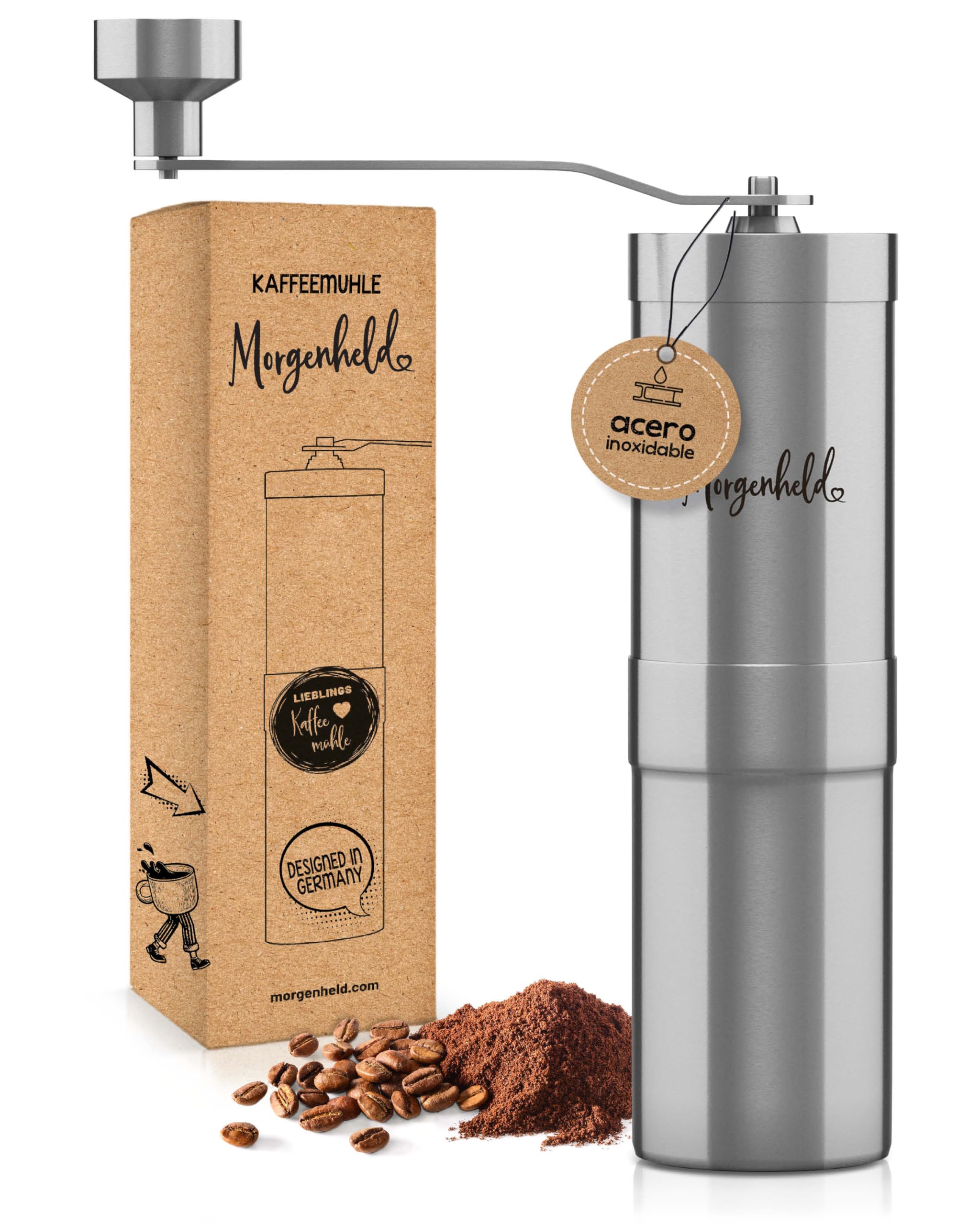 Morgenheld Molinillo de Café Manual de Acero Inoxidable – mecanismo de molienda de cerámica con ajuste continuo – para espresso y filtro – ideal para camping y viaje