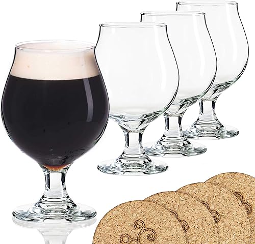Vaso de cerveza estilo belga tulipán con tallo  Vasos de cerveza Lambic de 16 oz  Juego de 4 con posavasos