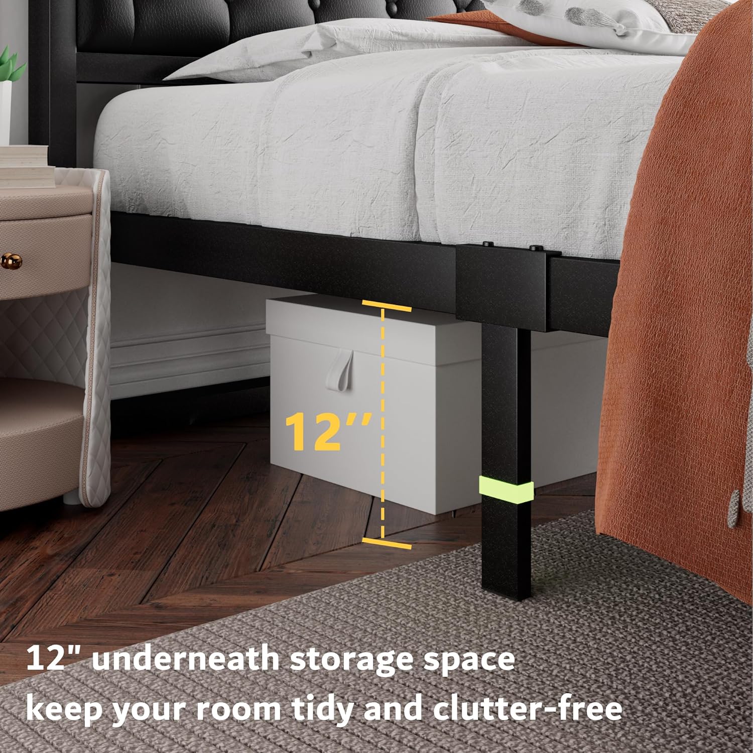 Image showing 12 inches of under-bed storage space with a storage box underneath the bed frame.