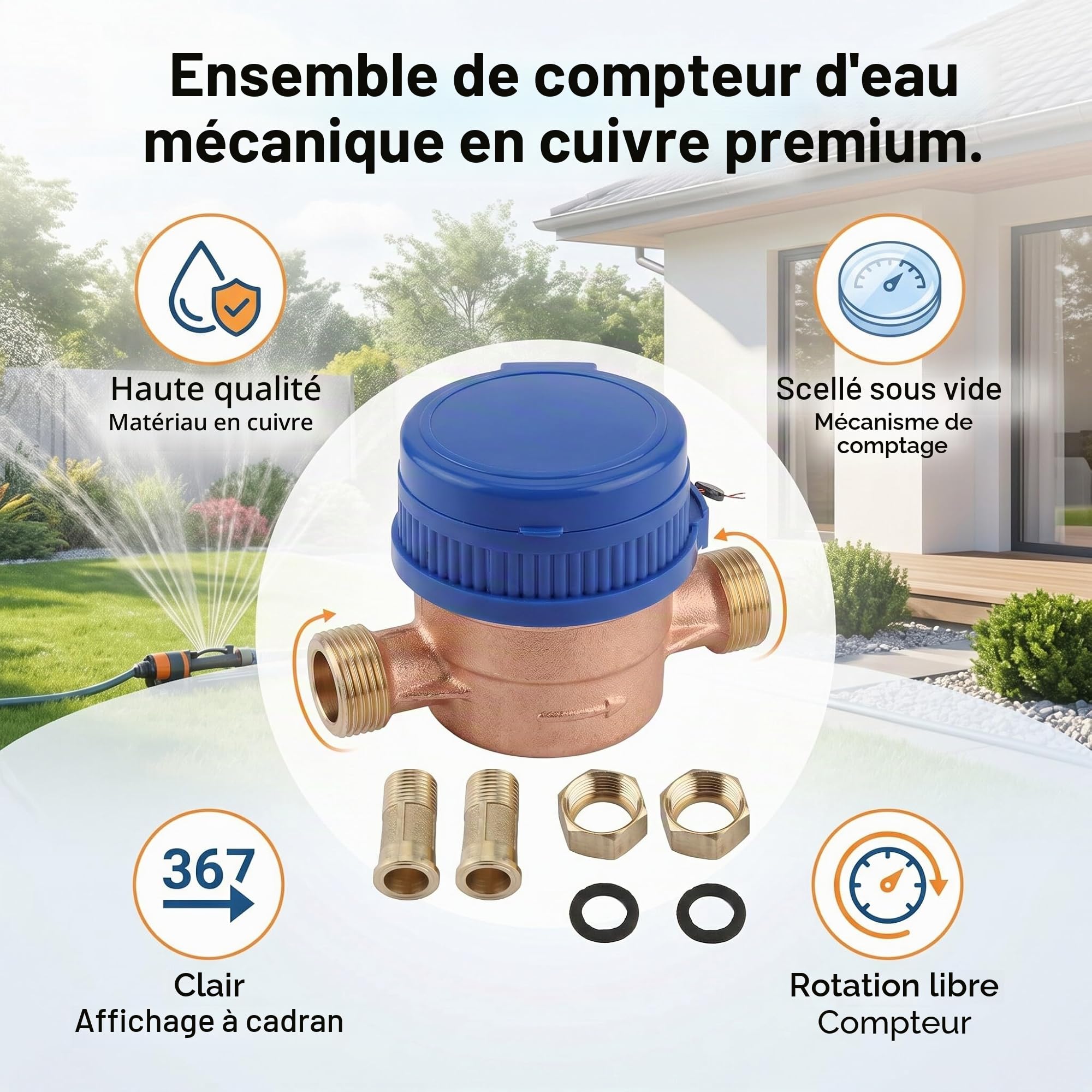 1/2" Compteur d'Eau Dbit Froide avec Cuivre Raccords QN 1.5 m3/h Dbitmtre d'au pour Maison et Jardin, Antigel protection UV compteur d'eau dbit froide table sche outils
